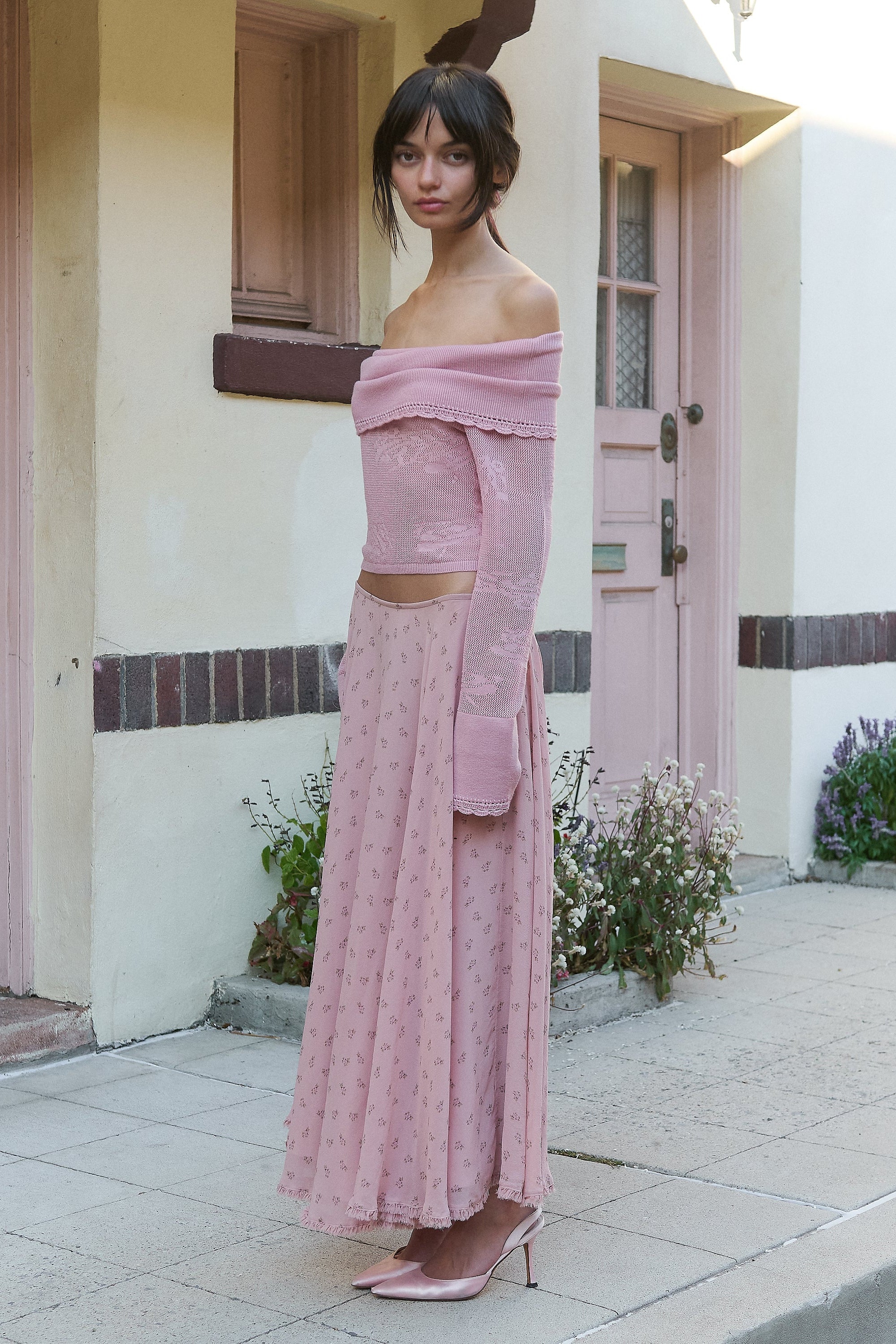 Pointelle Knit Off-Shoulder Top in Puce