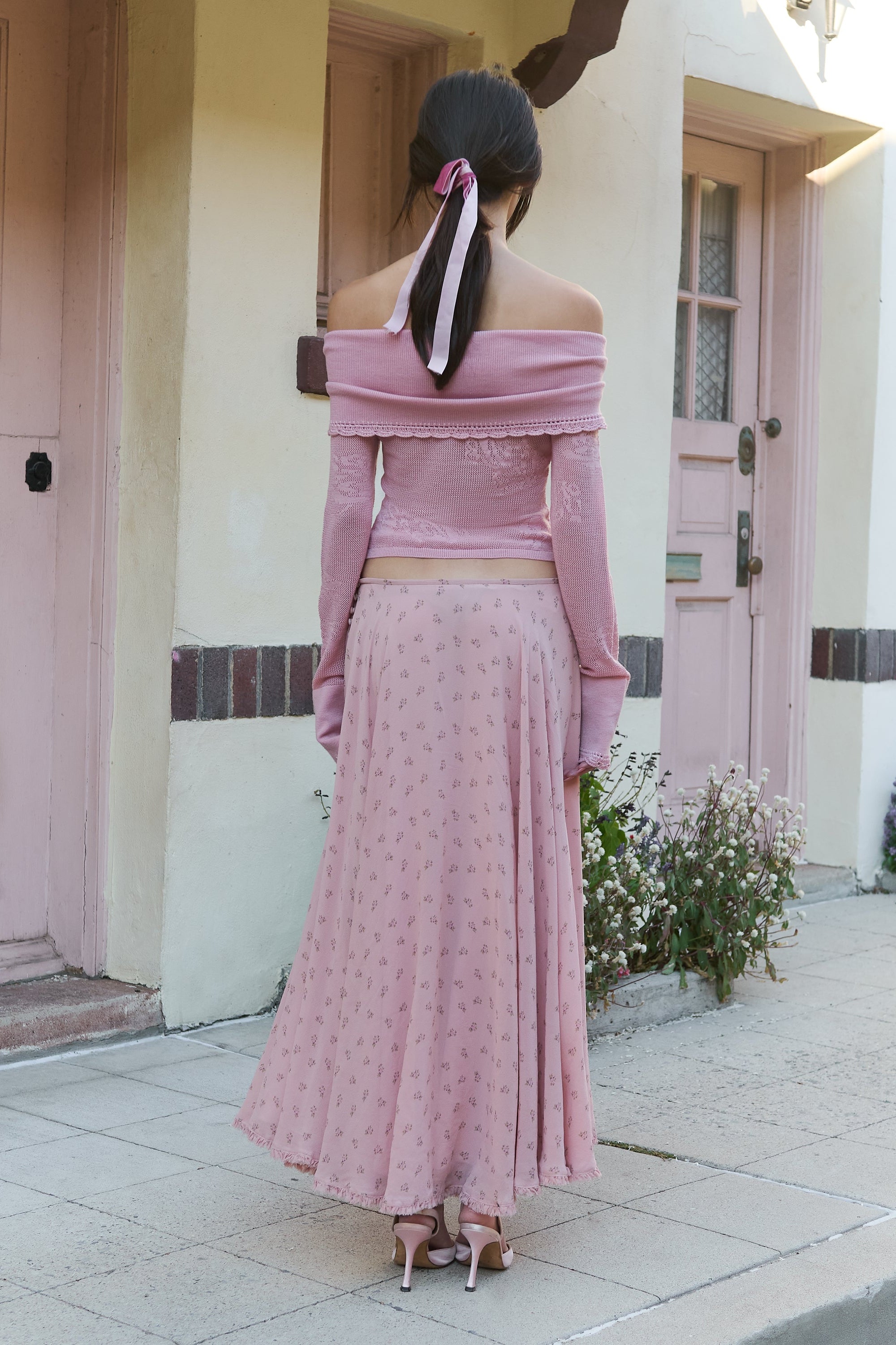 Pointelle Knit Off-Shoulder Top in Puce