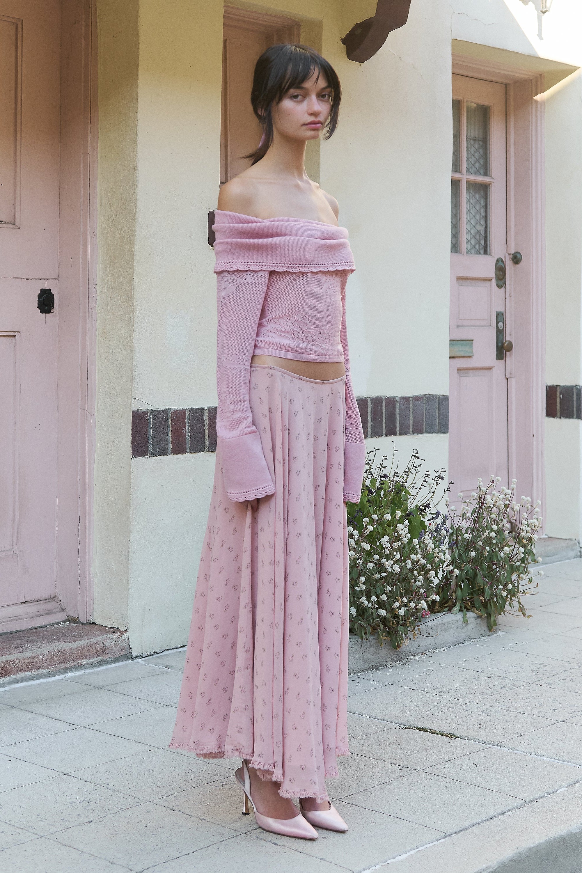 Pointelle Knit Off-Shoulder Top in Puce