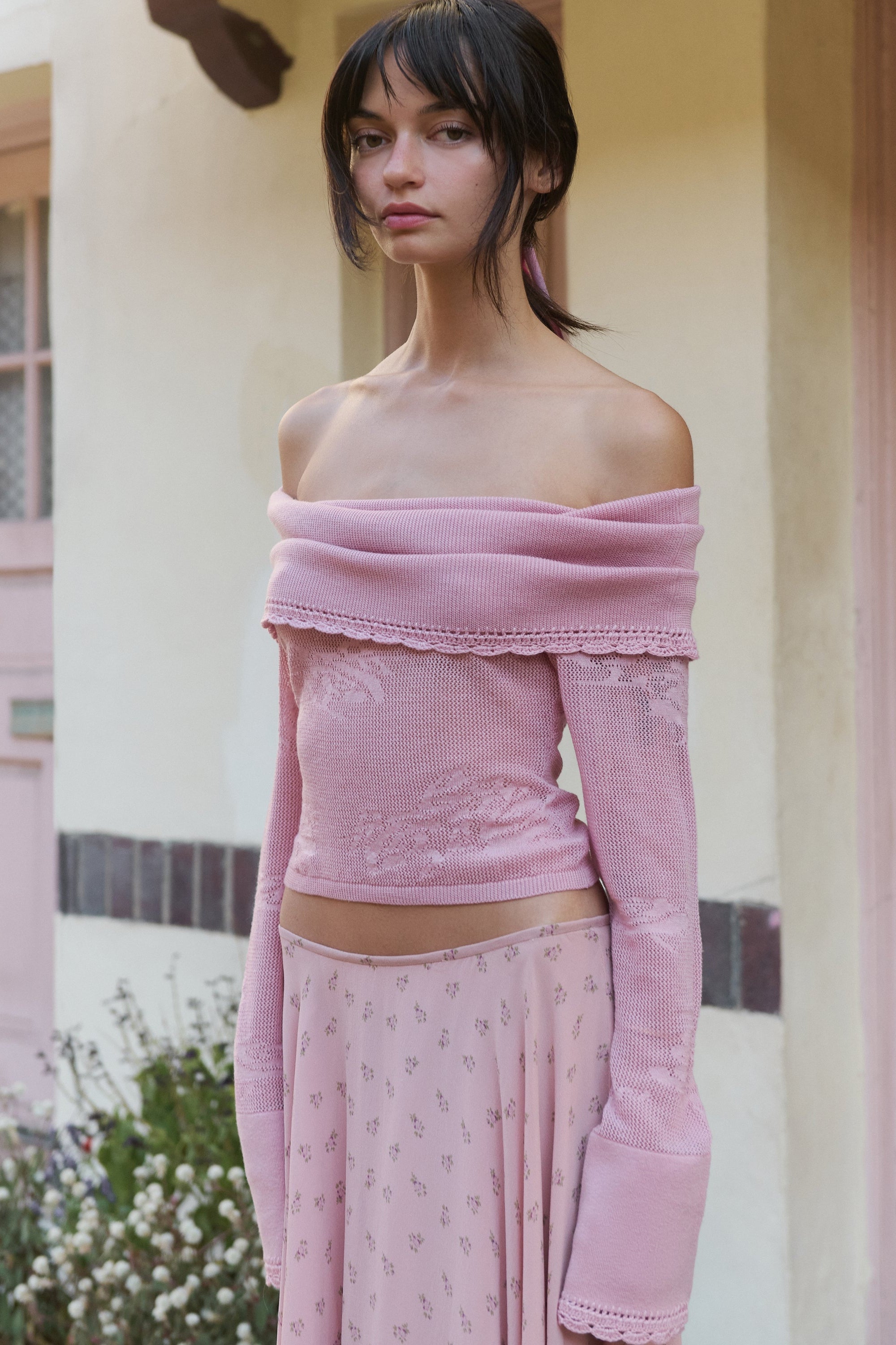 Pointelle Knit Off-Shoulder Top in Puce