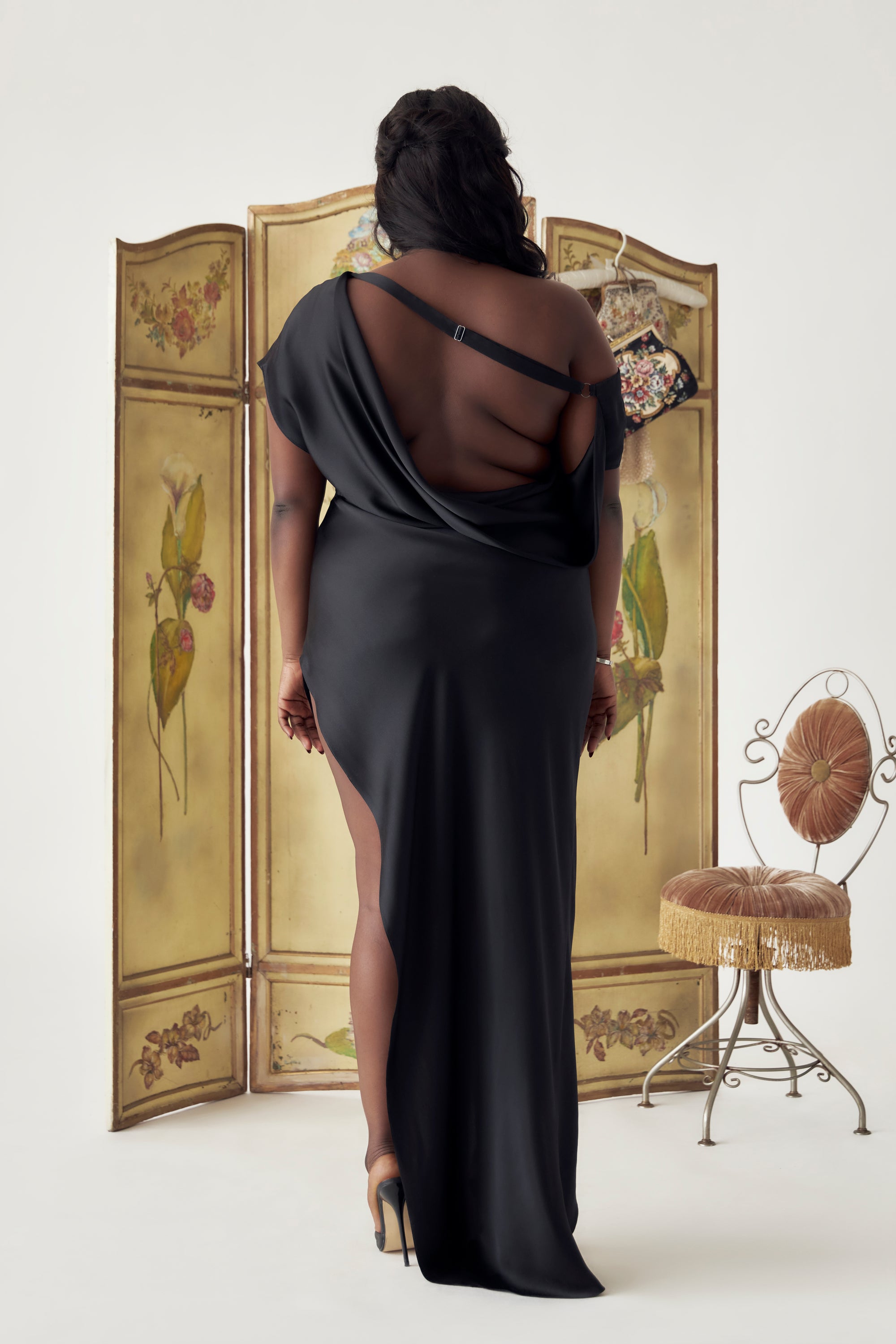 Asymmetrical Plunging Back Cowl Dress Noir (Pre Order)