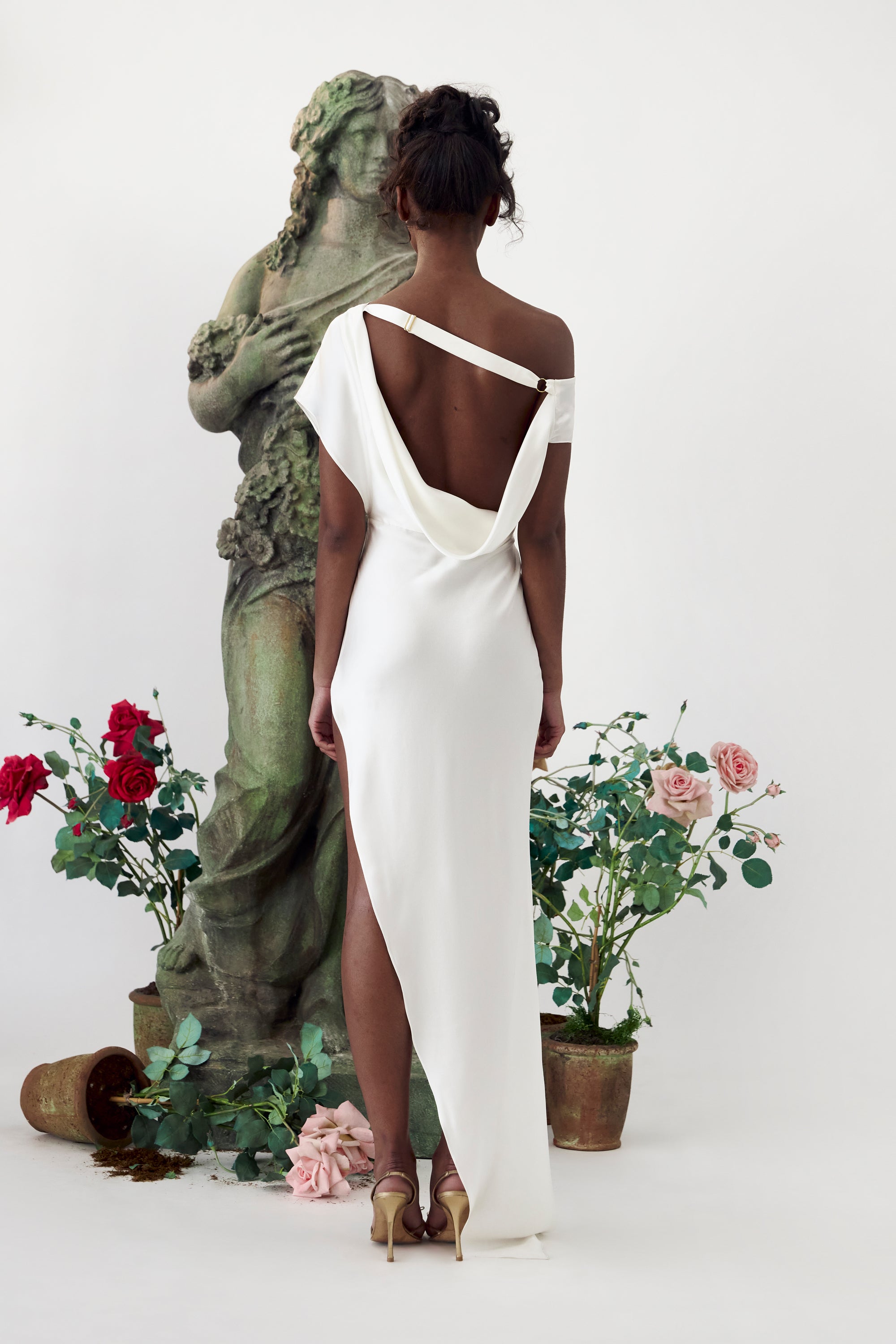 Asymmetrical Plunging Back Cowl Dress Pearl (Pre Order)
