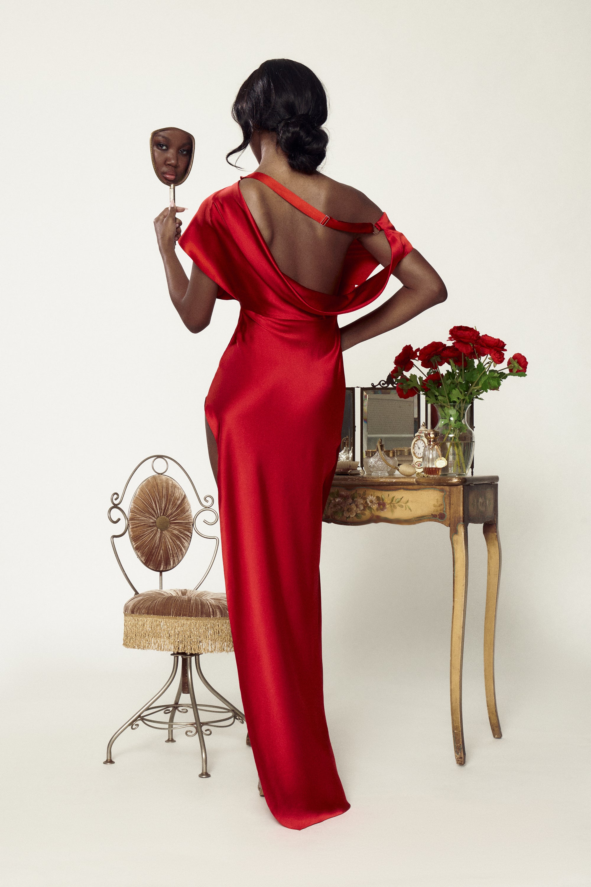 Asymmetrical Plunging Back Cowl Dress Scarlet (Pre Order)