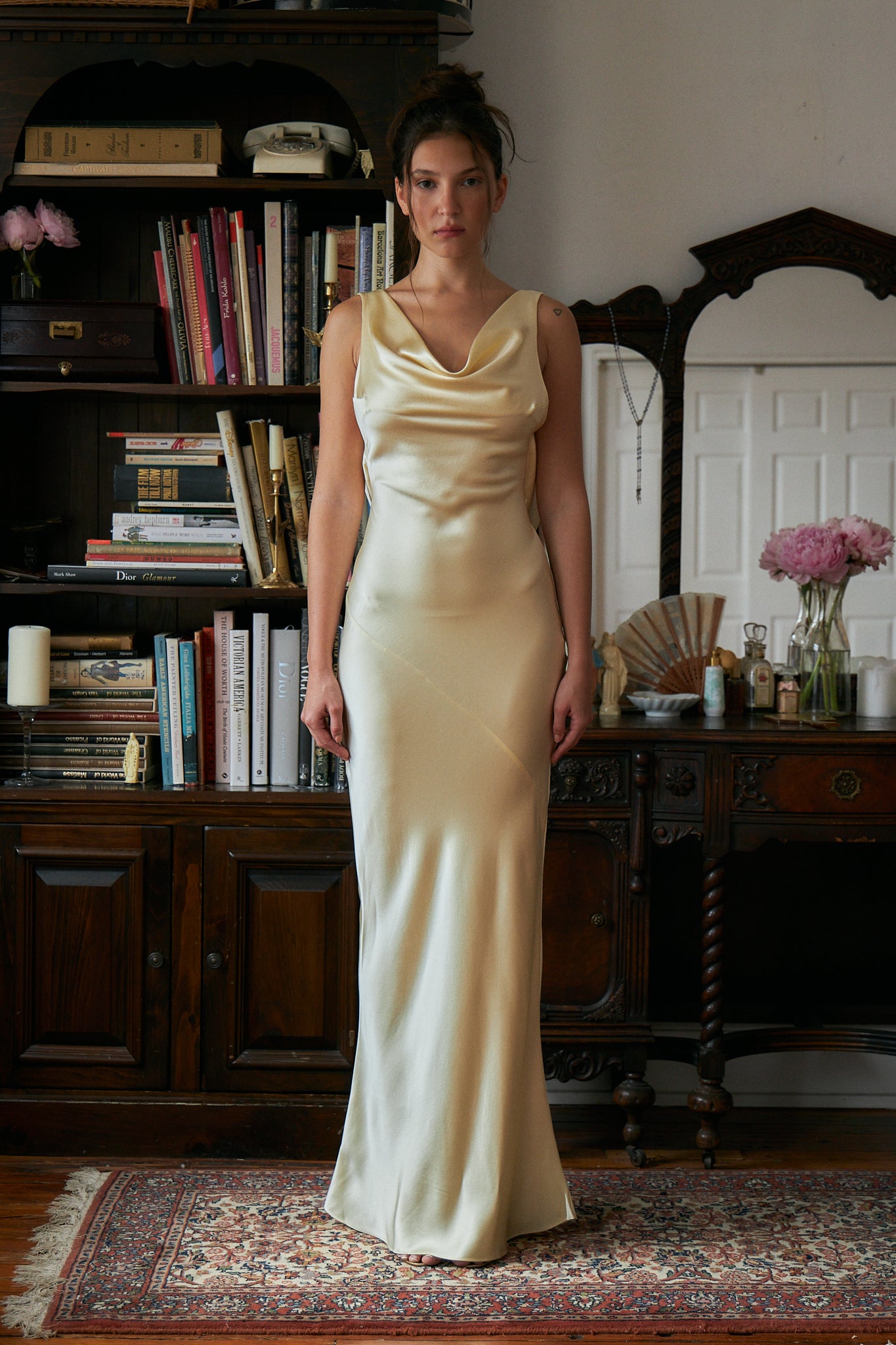 Plunging Back Cowl Dress in Butter