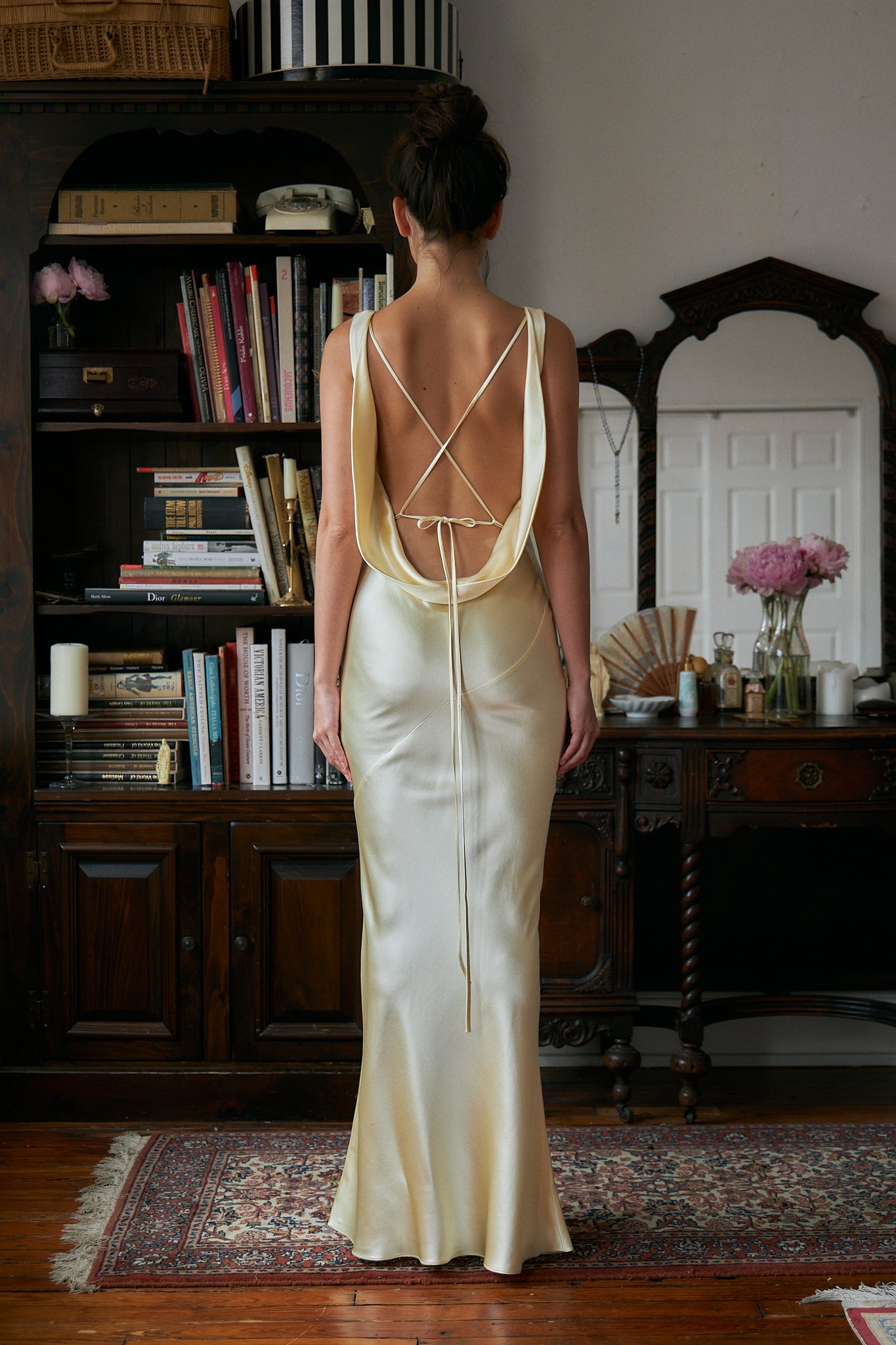 Plunging Back Cowl Dress in Butter Mirror Palais