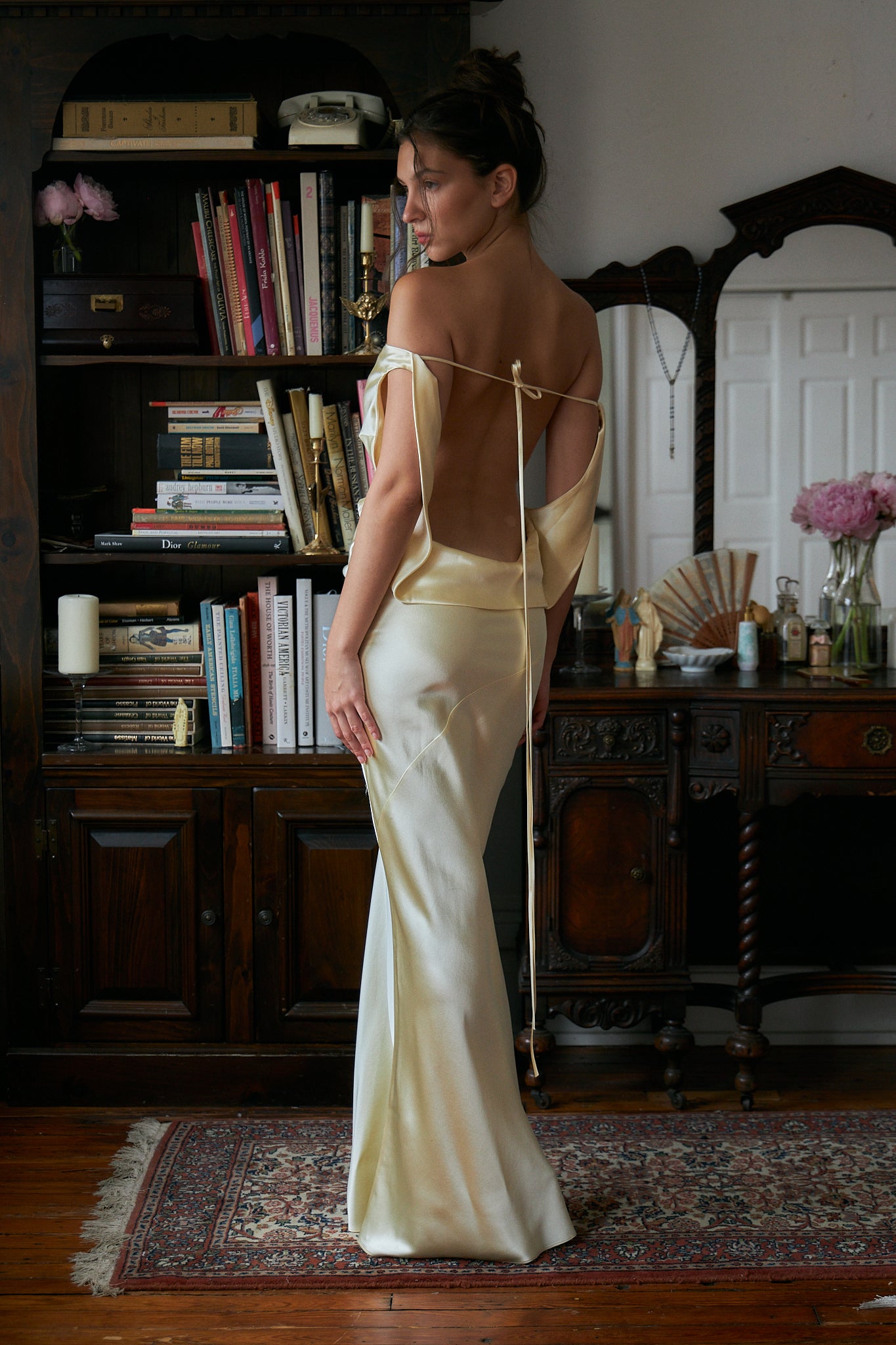 Plunging Back Cowl Dress in Butter Mirror Palais