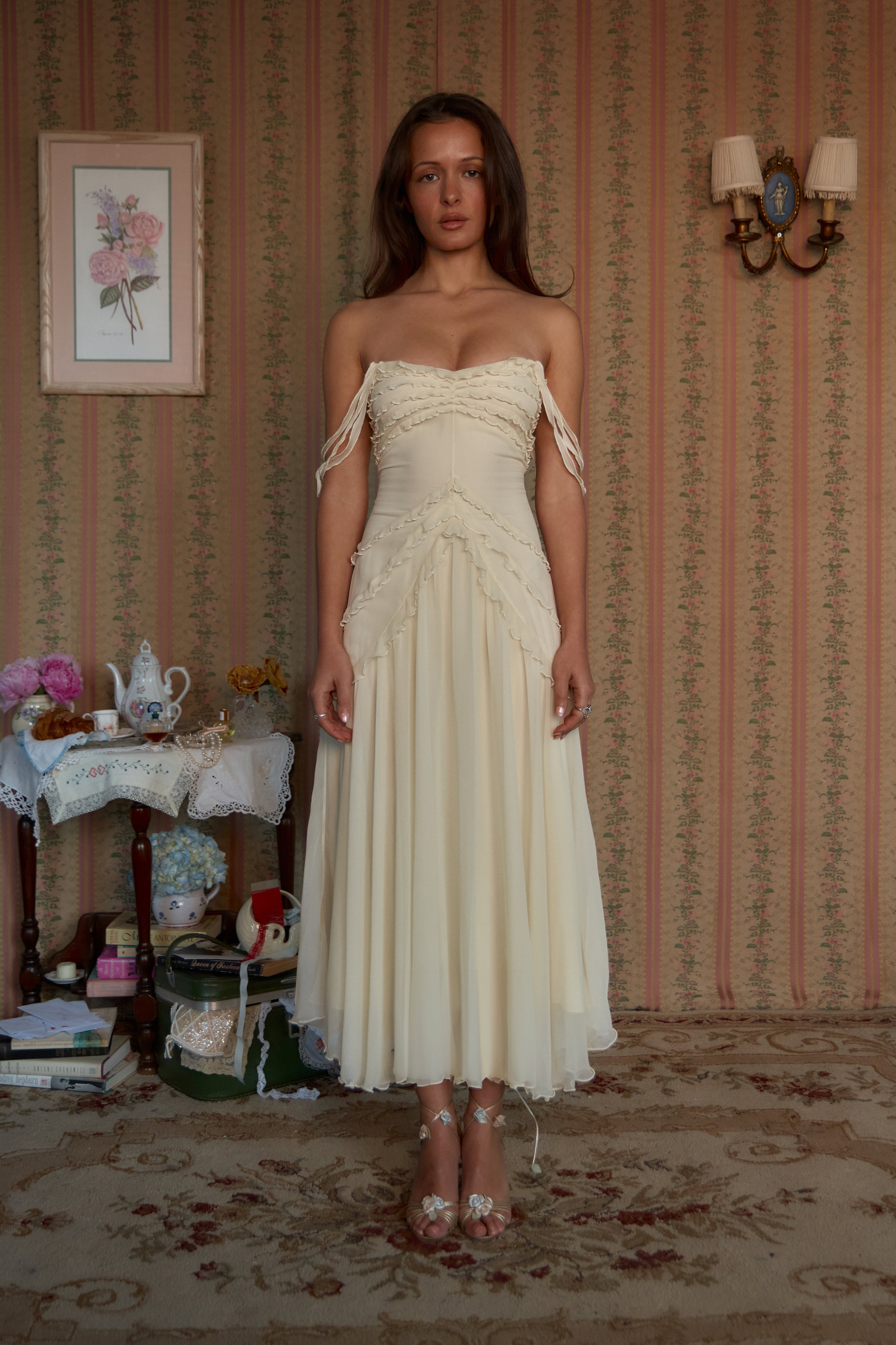 Mirror Palais Cascading Ruffle Lady Length Creme Dress Front