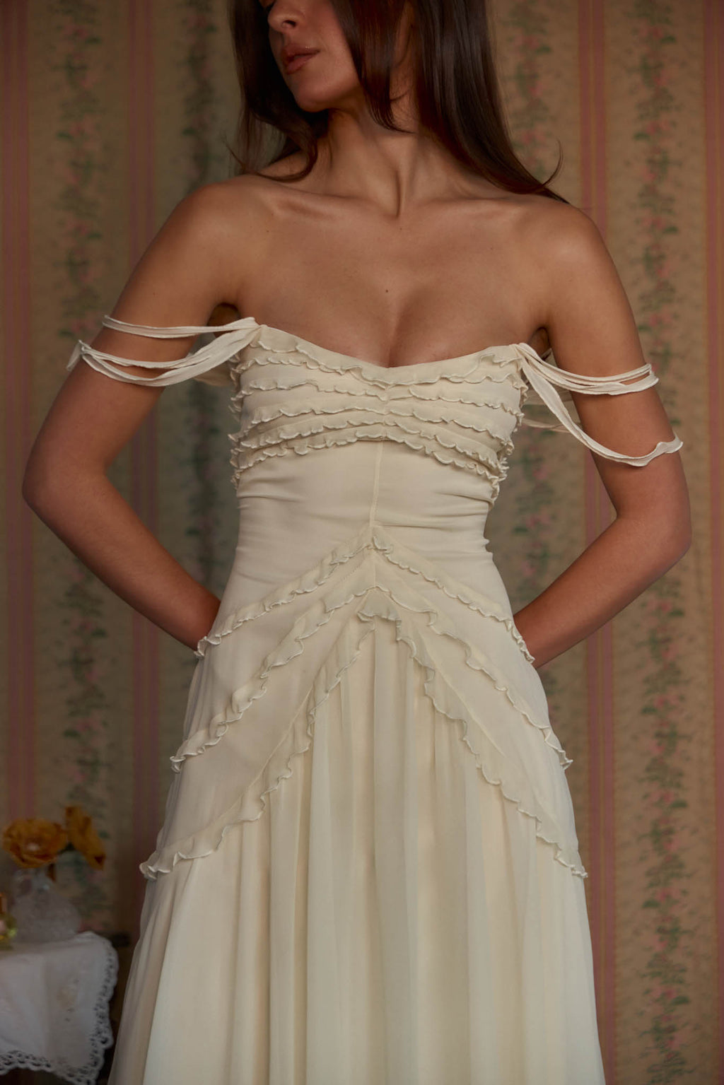 Mirror Palais Cascading Ruffle Lady Length Creme Dress Front