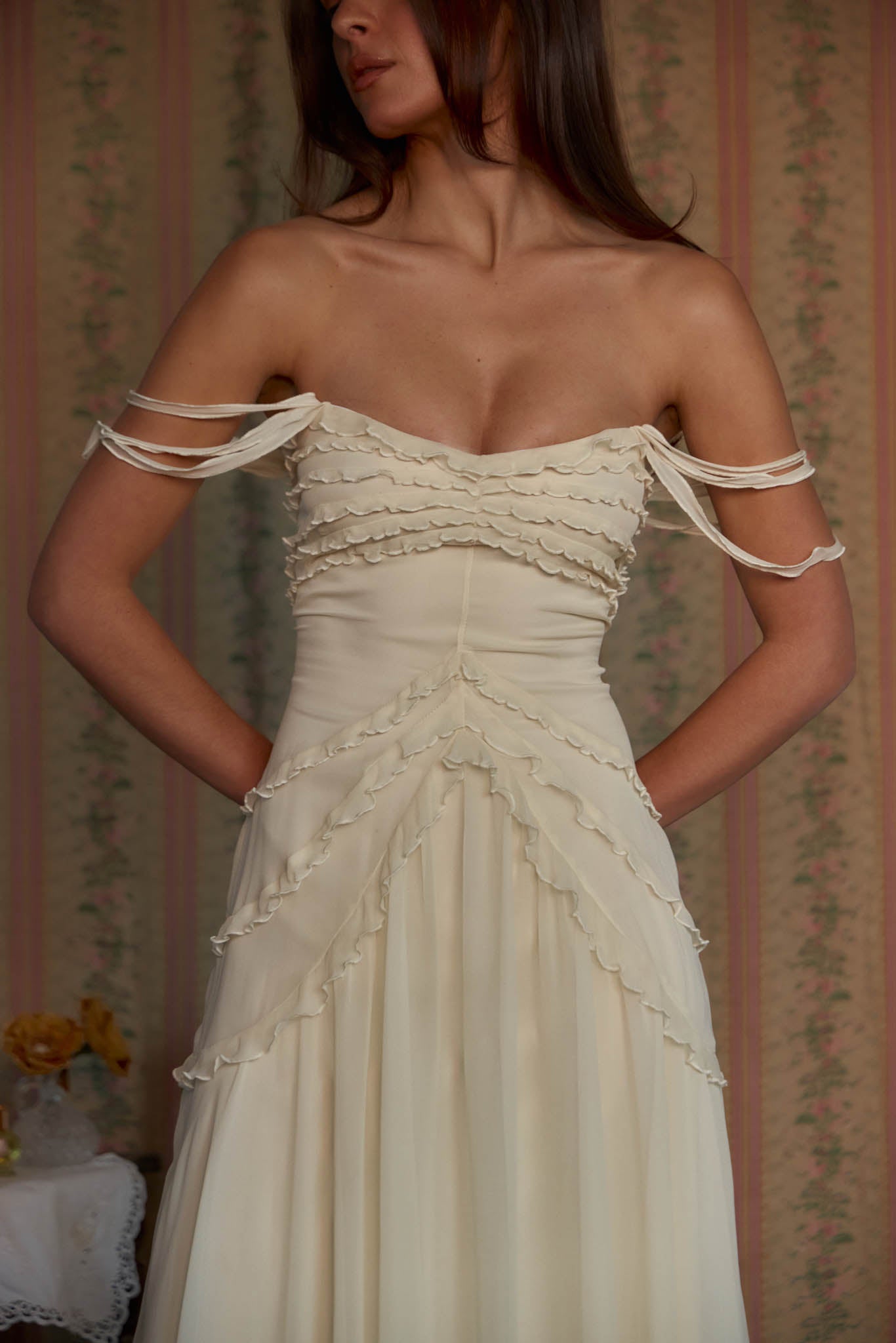 Mirror Palais Cascading Ruffle Lady Length Creme Dress Front