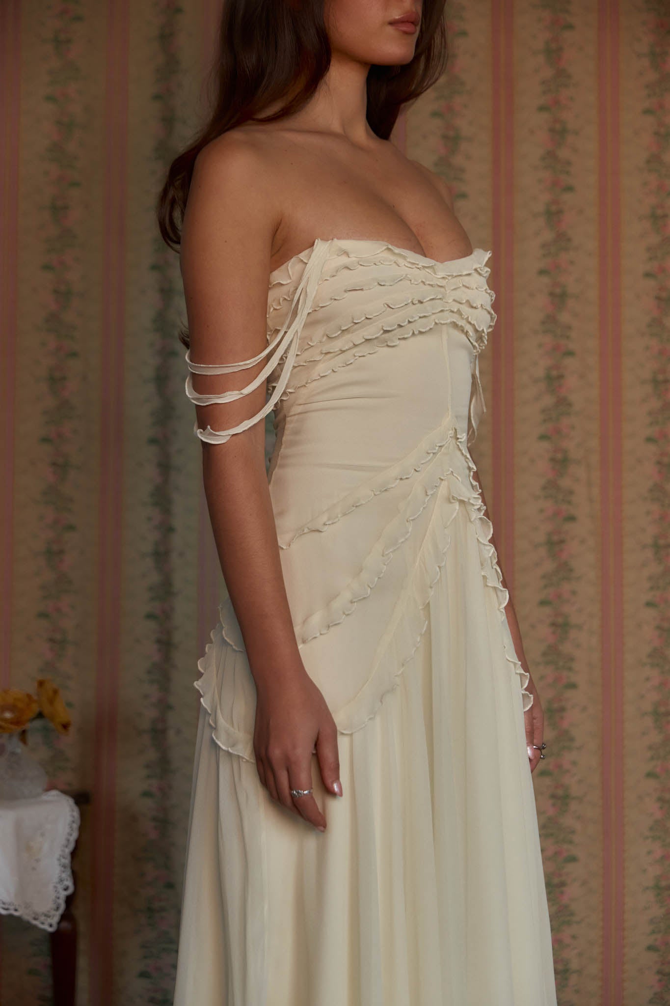 Mirror Palais Cascading Ruffle Lady Length Creme Dress Side