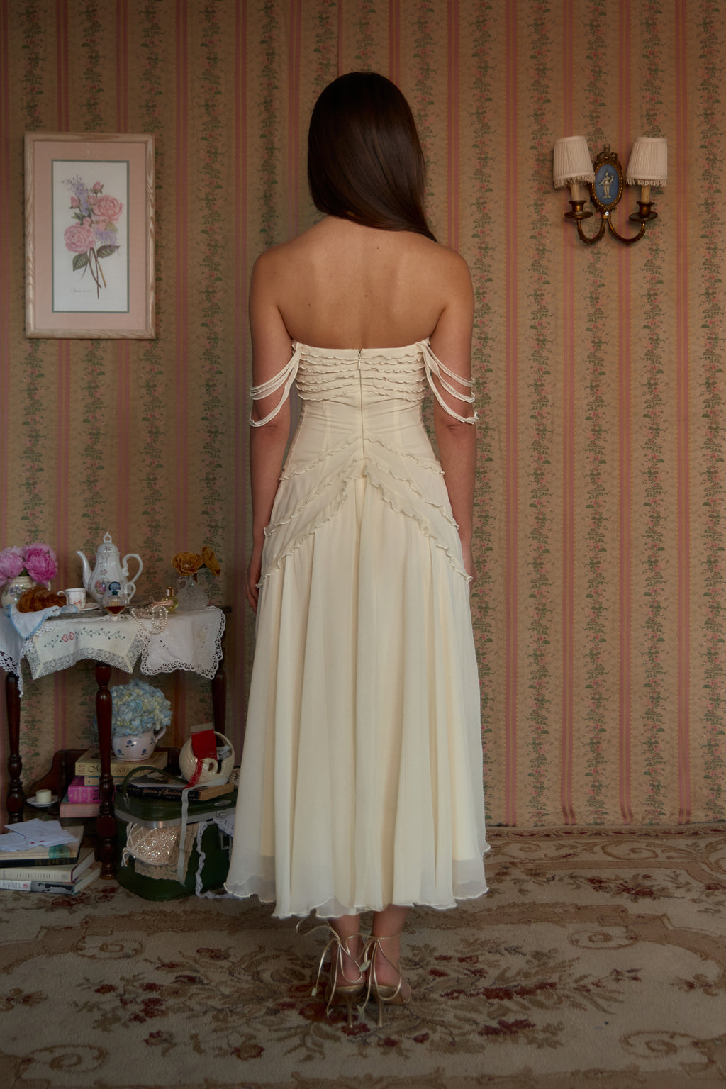 Mirror Palais Cascading Ruffle Lady Length Creme Dress Back