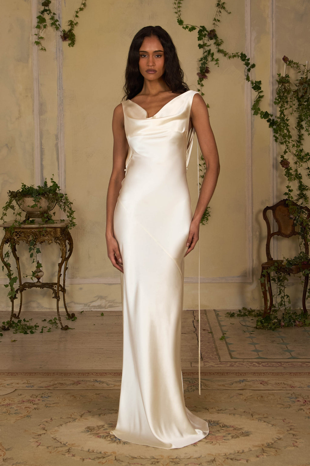 Plunging Back Cowl Dress in Pearl