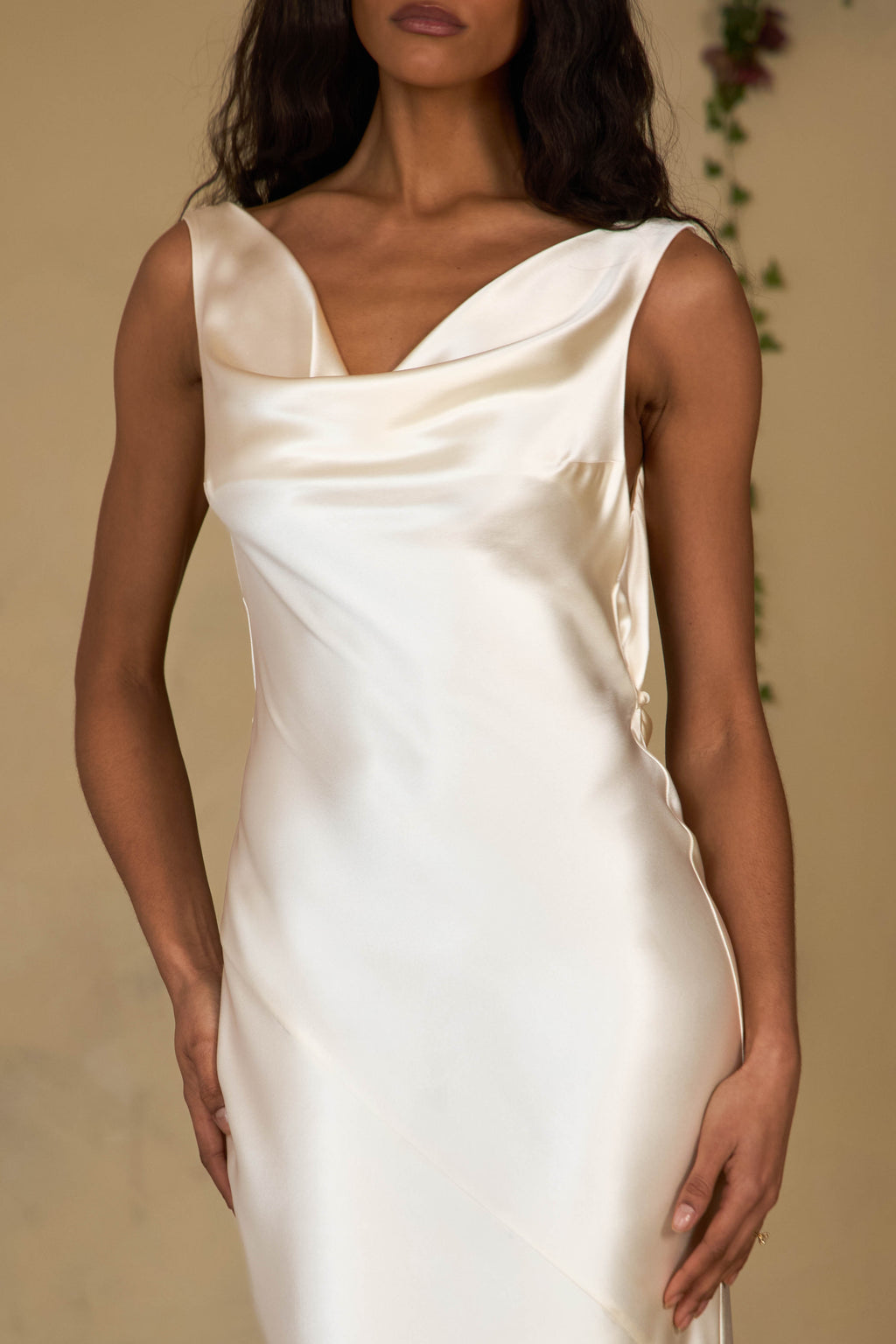 Plunging Back Cowl Dress in Pearl
