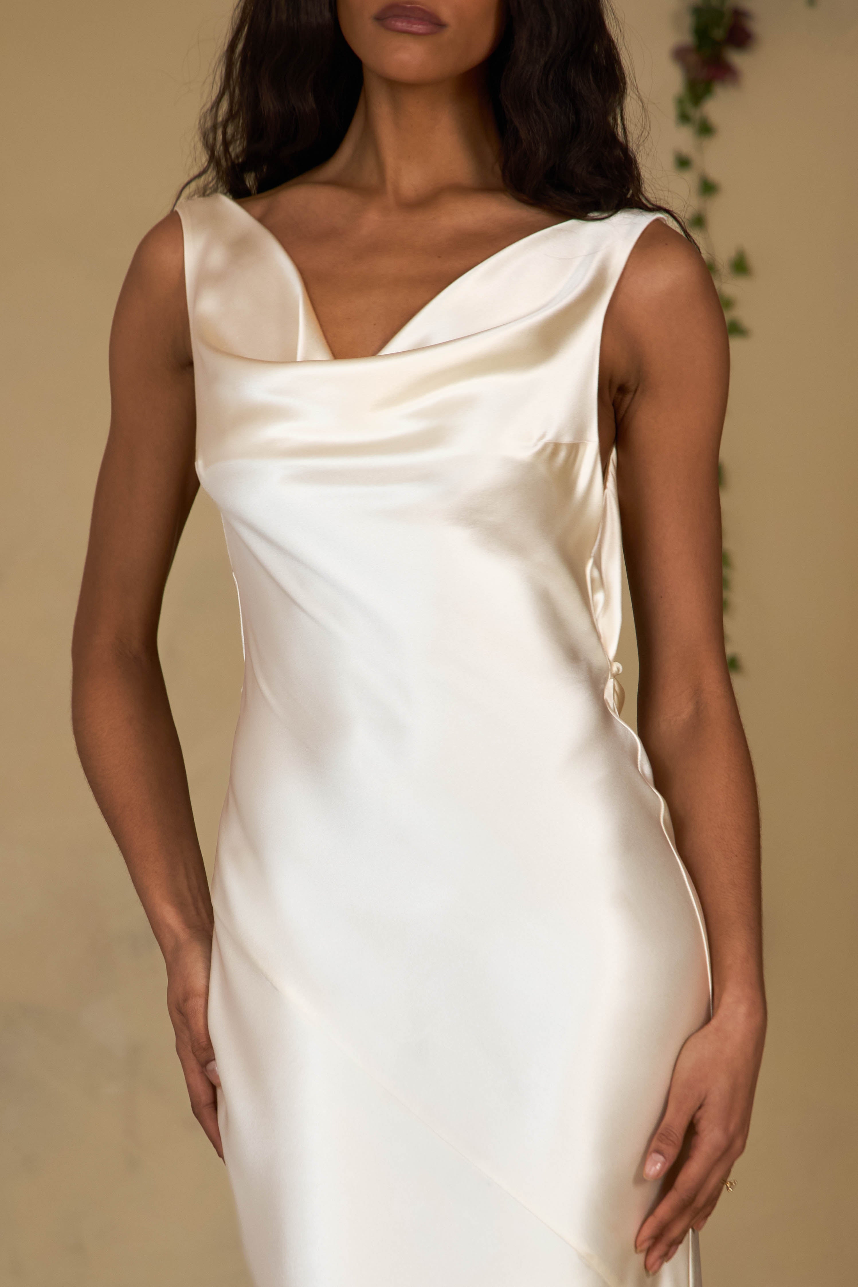 Plunging Back Cowl Dress in Pearl