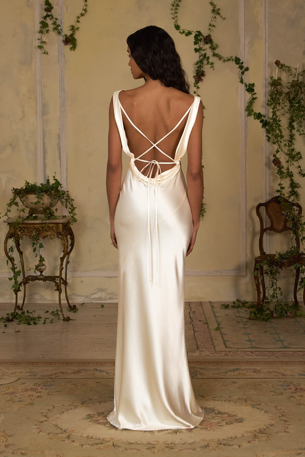 Plunging Back Cowl Dress in Pearl