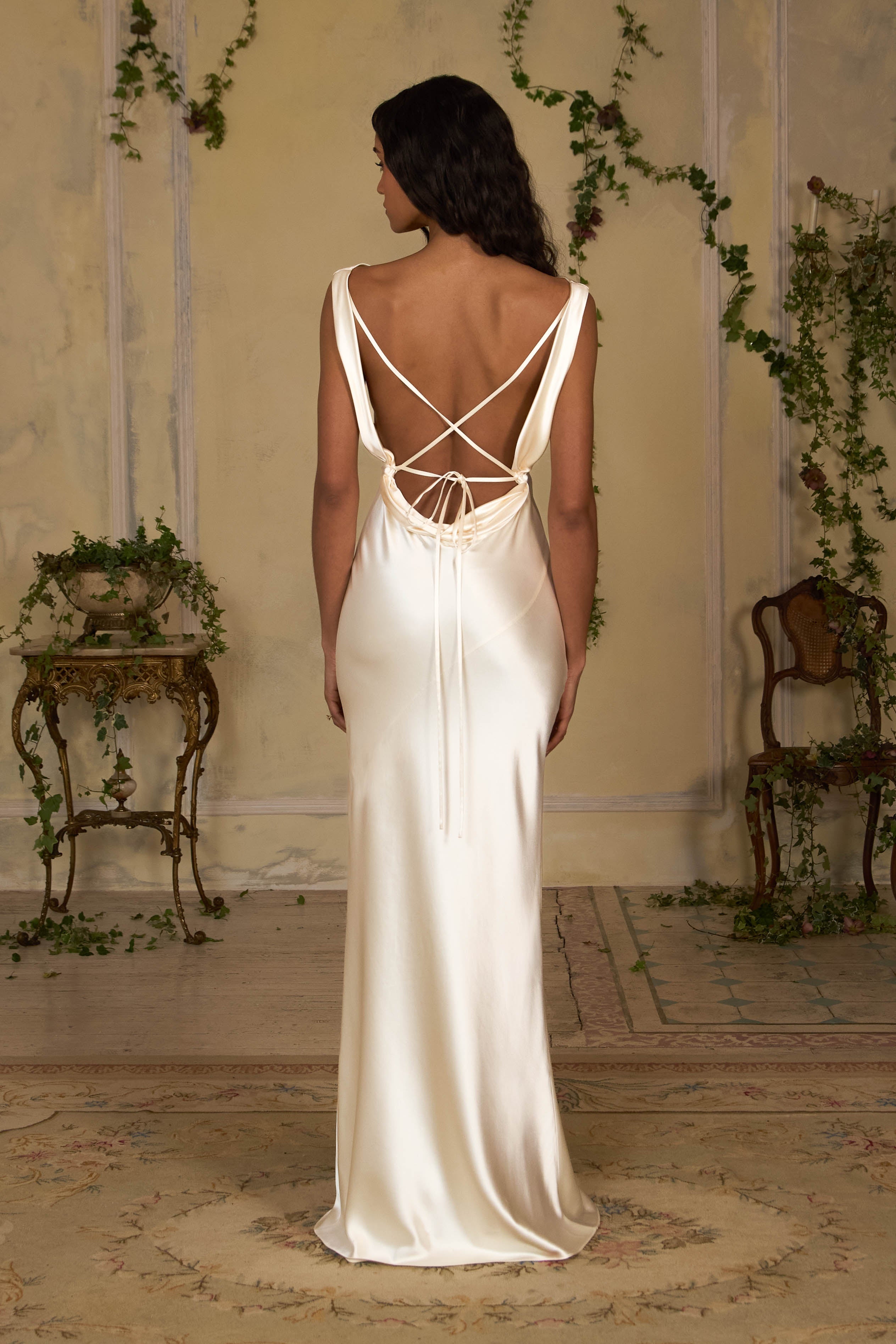 Plunging Back Cowl Dress in Pearl