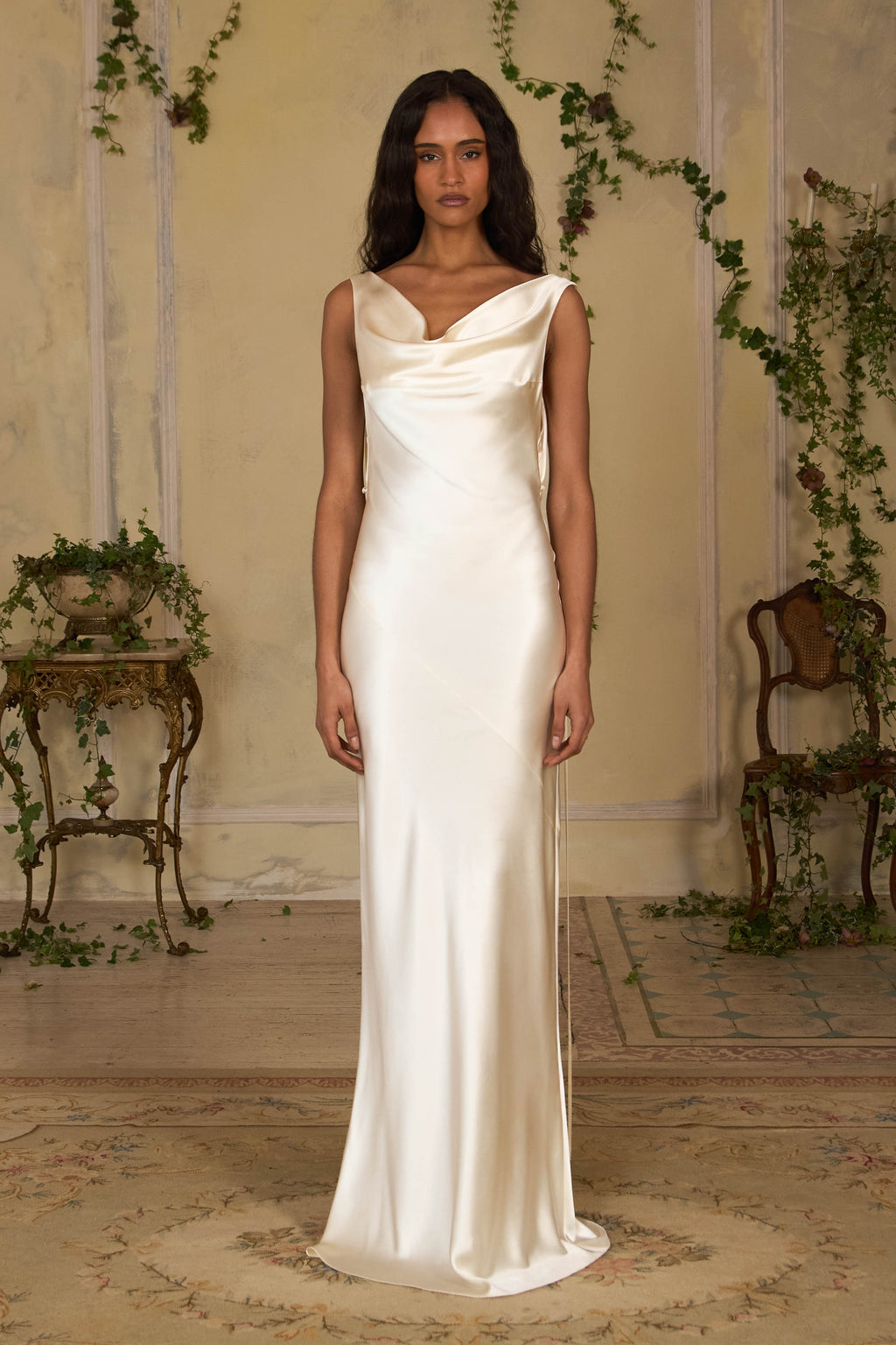 Plunging Back Cowl Dress in Pearl