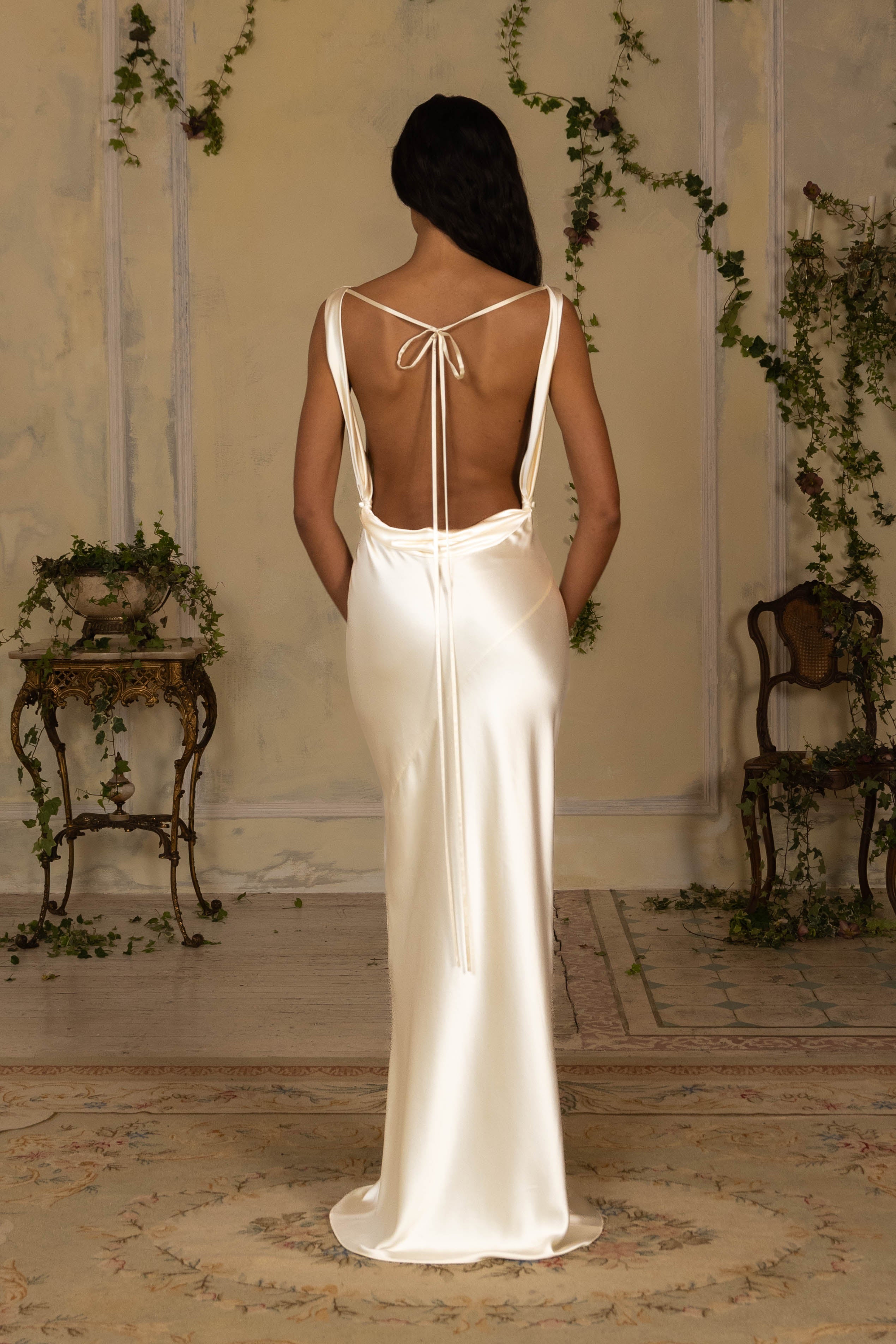 Plunging Back Cowl Dress in Pearl