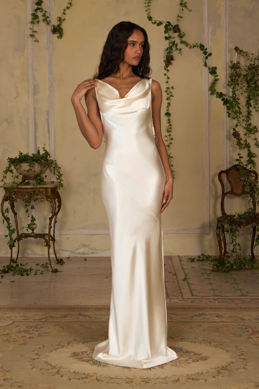 Plunging Back Cowl Dress in Pearl