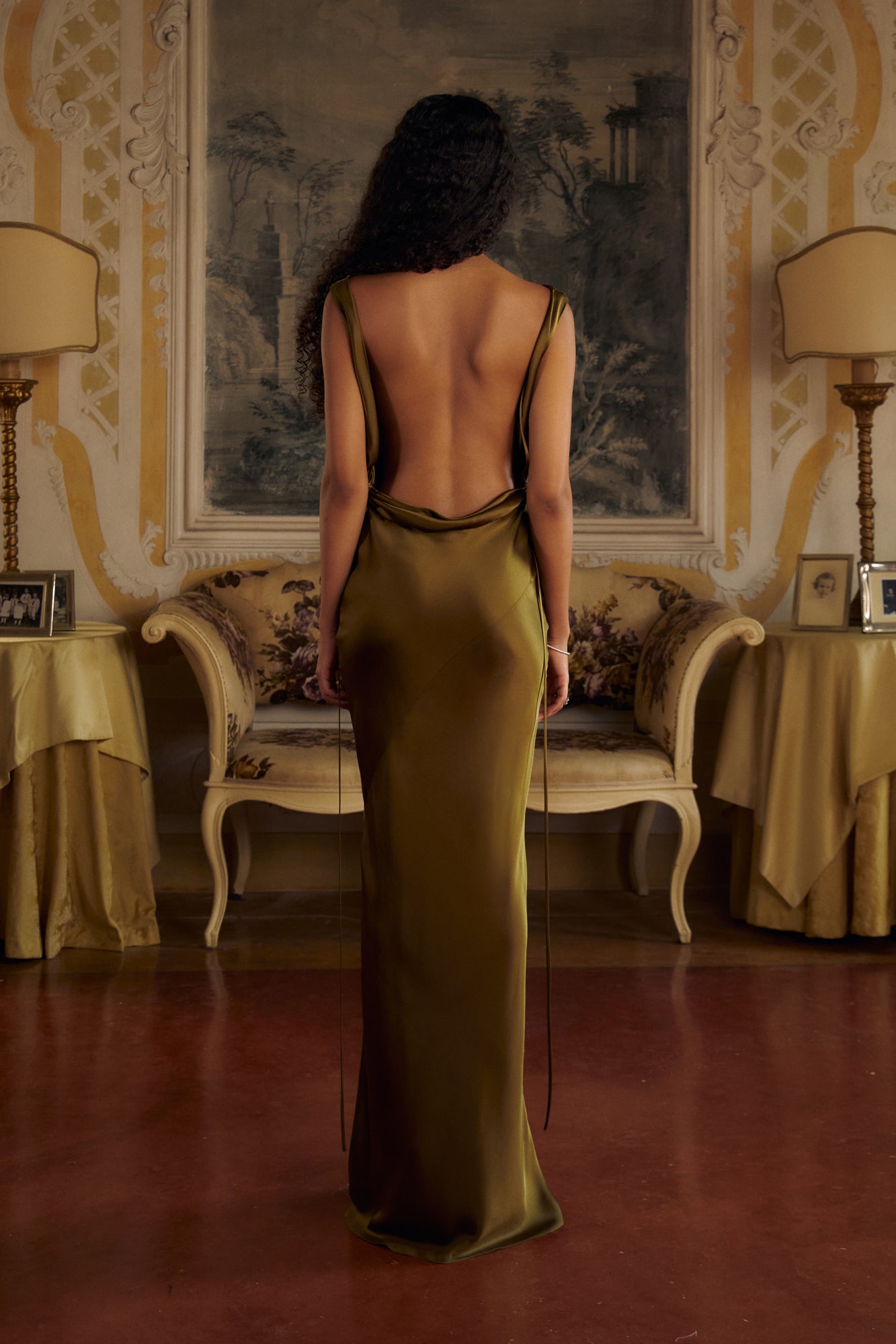 Plunging Back Cowl Dress in Olive Mirror Palais Plunging Back Cowl Dress in Olive Mirror Palais