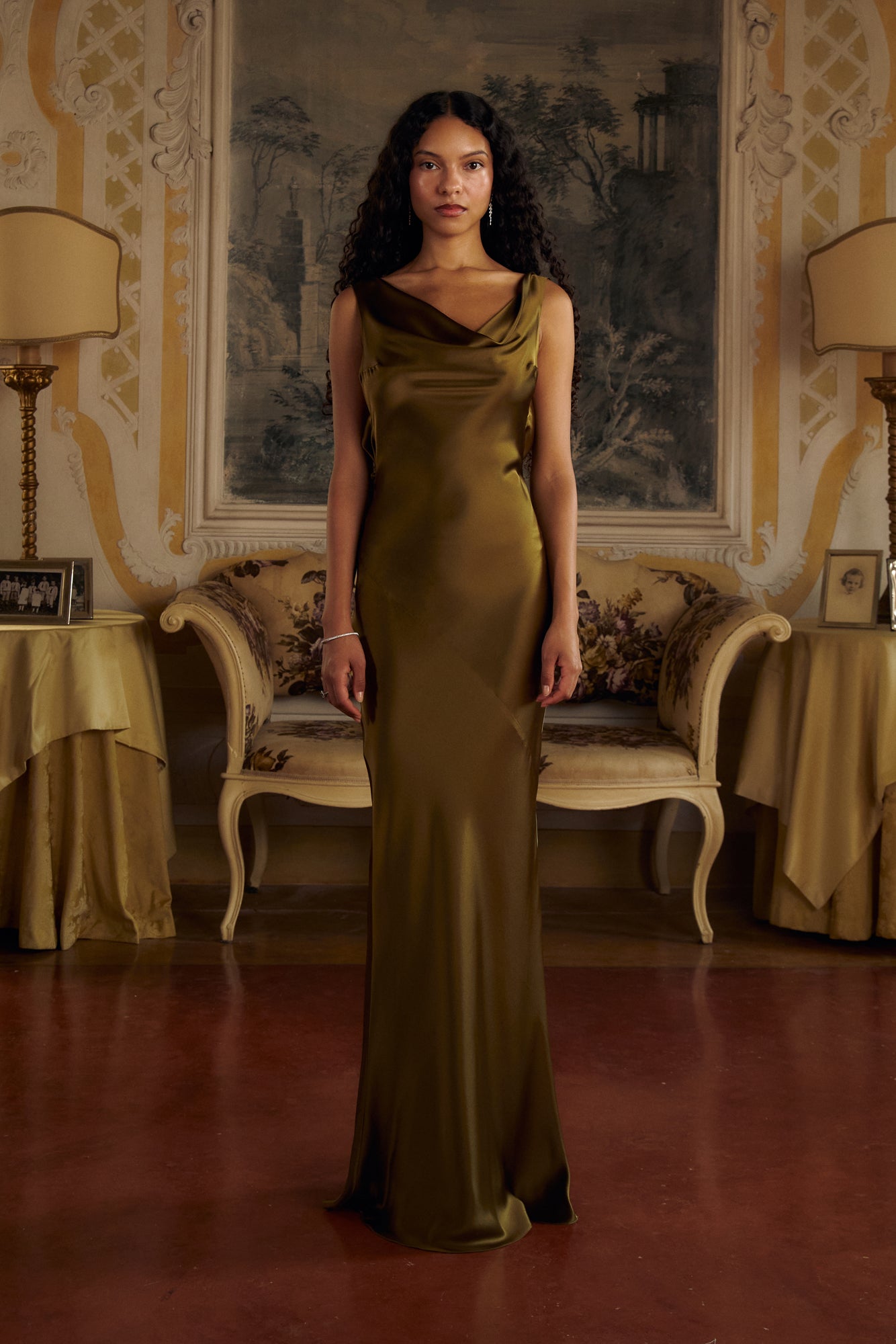 slim fit dress slacks Plunging Back Cowl Dress in Olive – Mirror Palais