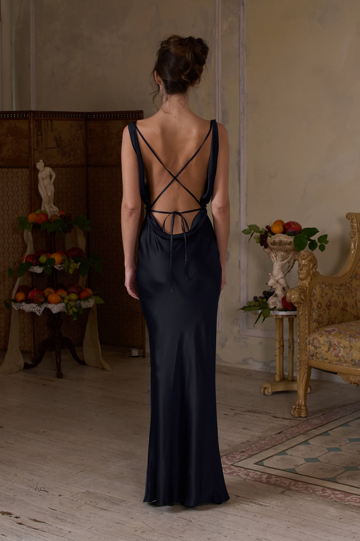 Plunging Back Cowl Dress in Noir