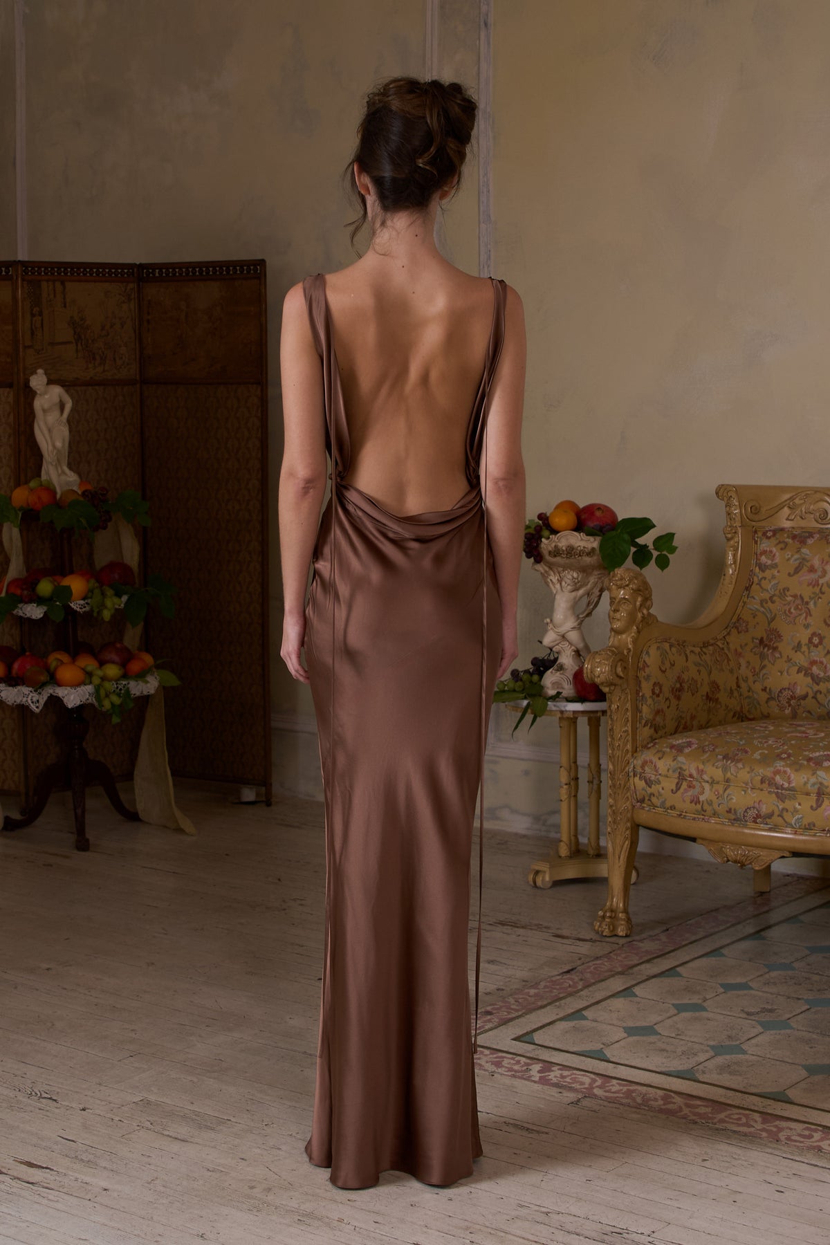 Plunging Back Cowl Dress in Toffee