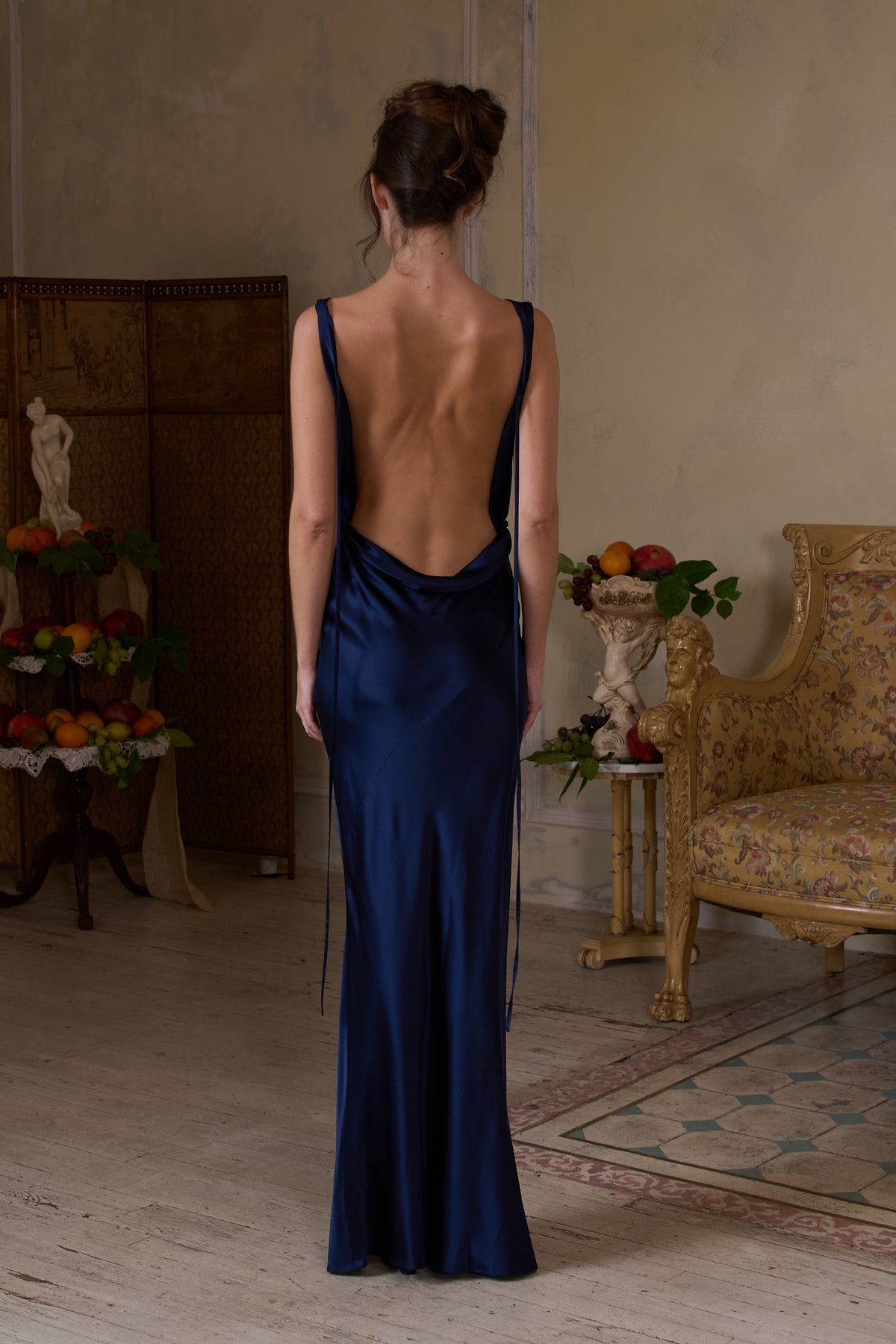 Plunging Back Cowl Dress in Navy