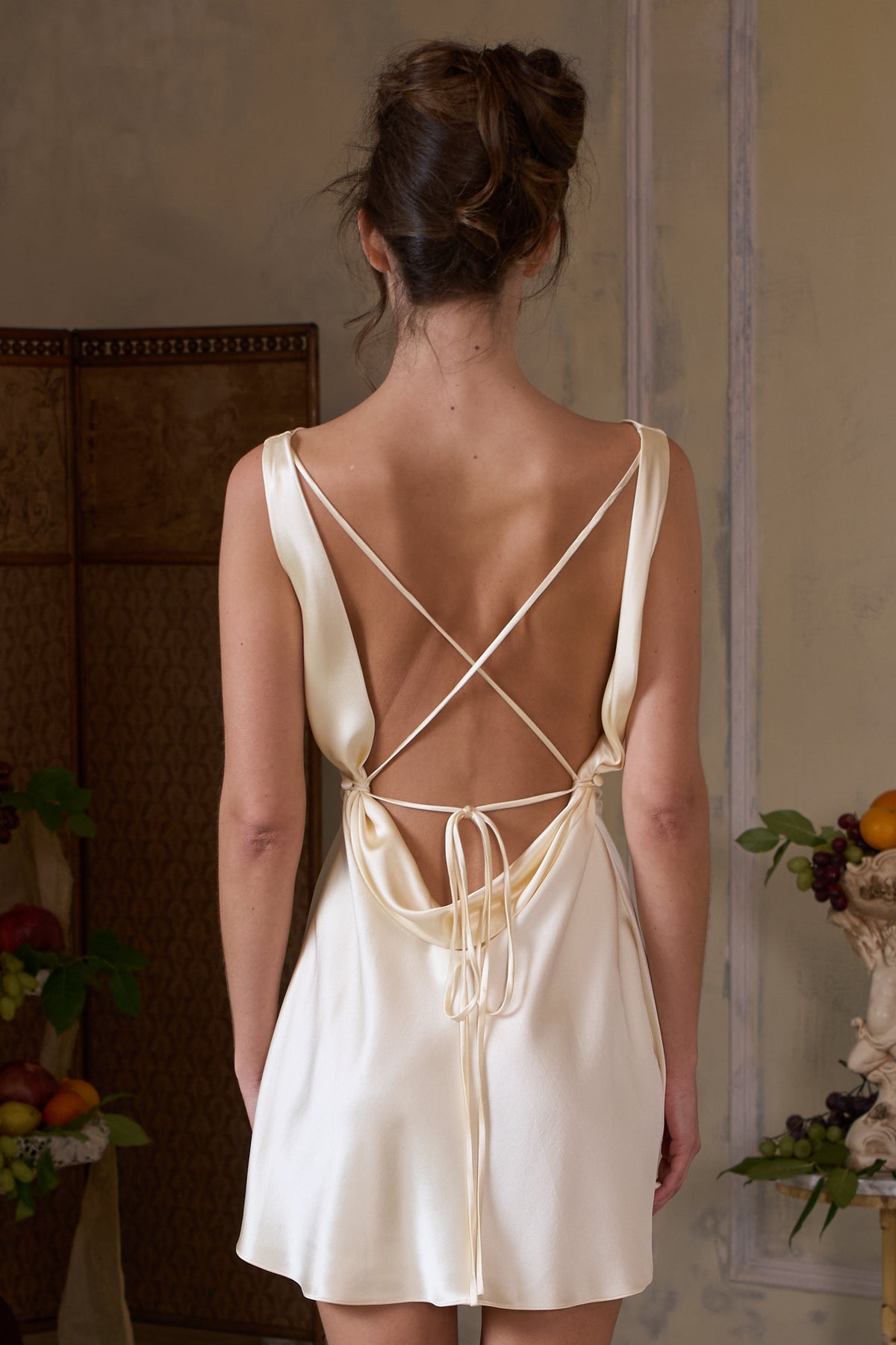Plunging Back Cowl Mini Dress in Butter