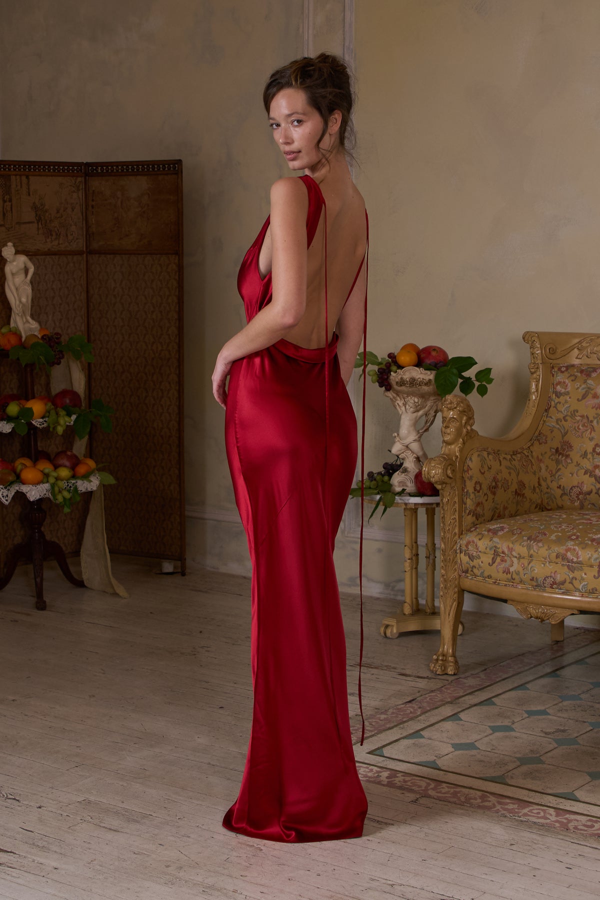Plunging Back Cowl Dress in Scarlet