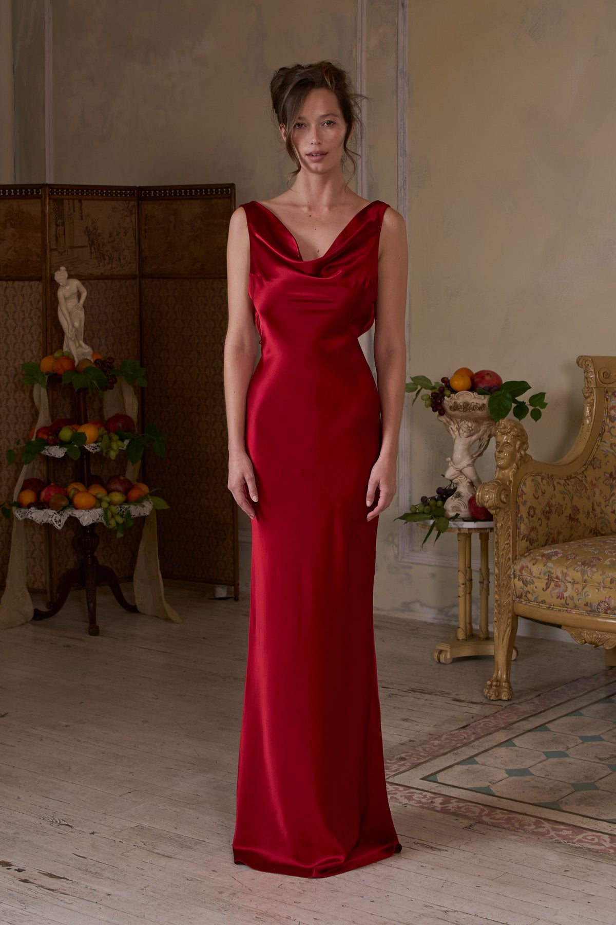 Plunging Back Cowl Dress in Scarlet