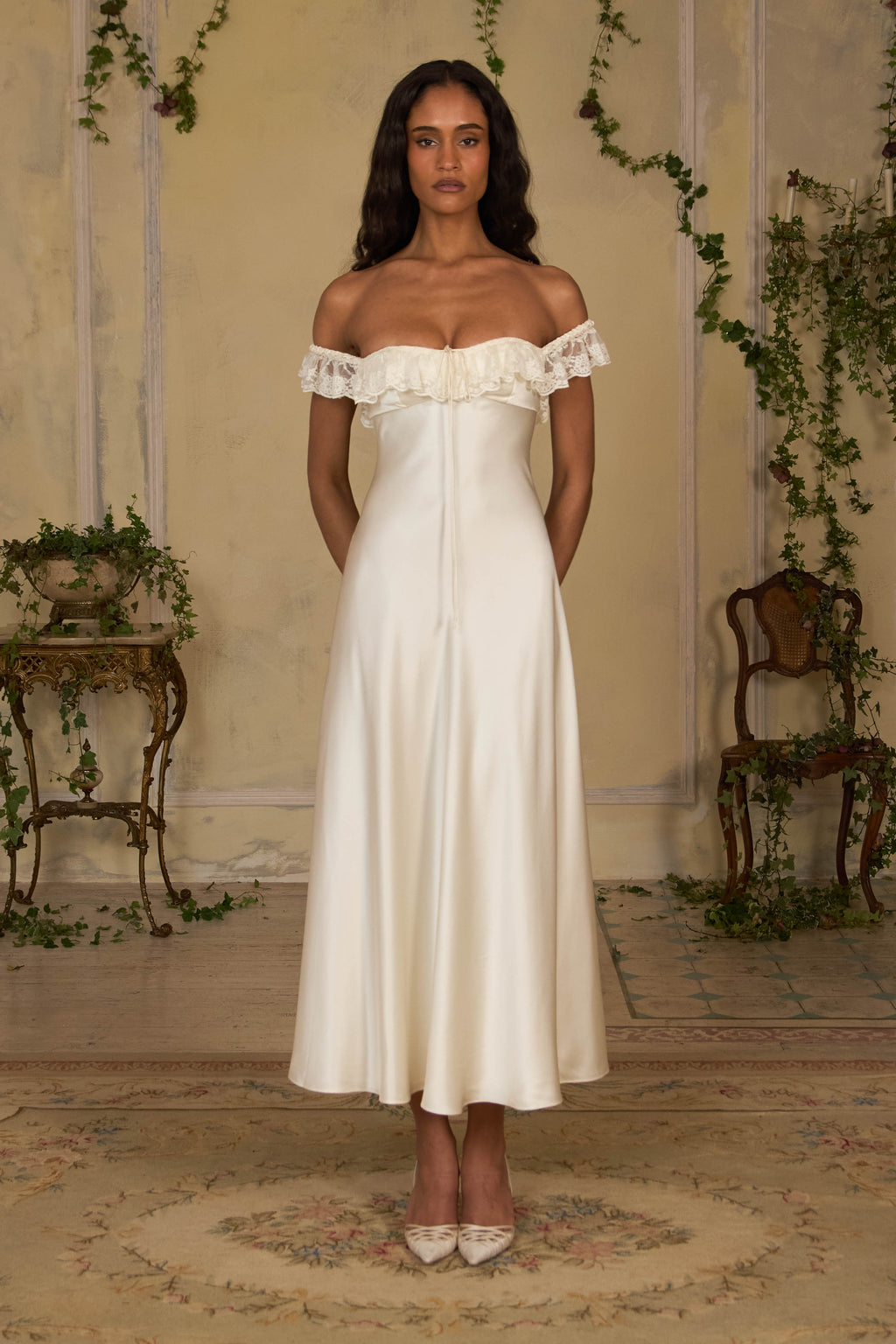 mirror palais sonata off-the-shoulder silk midi dress Sonata Lady Length Dress in Crme Mirror Palais
