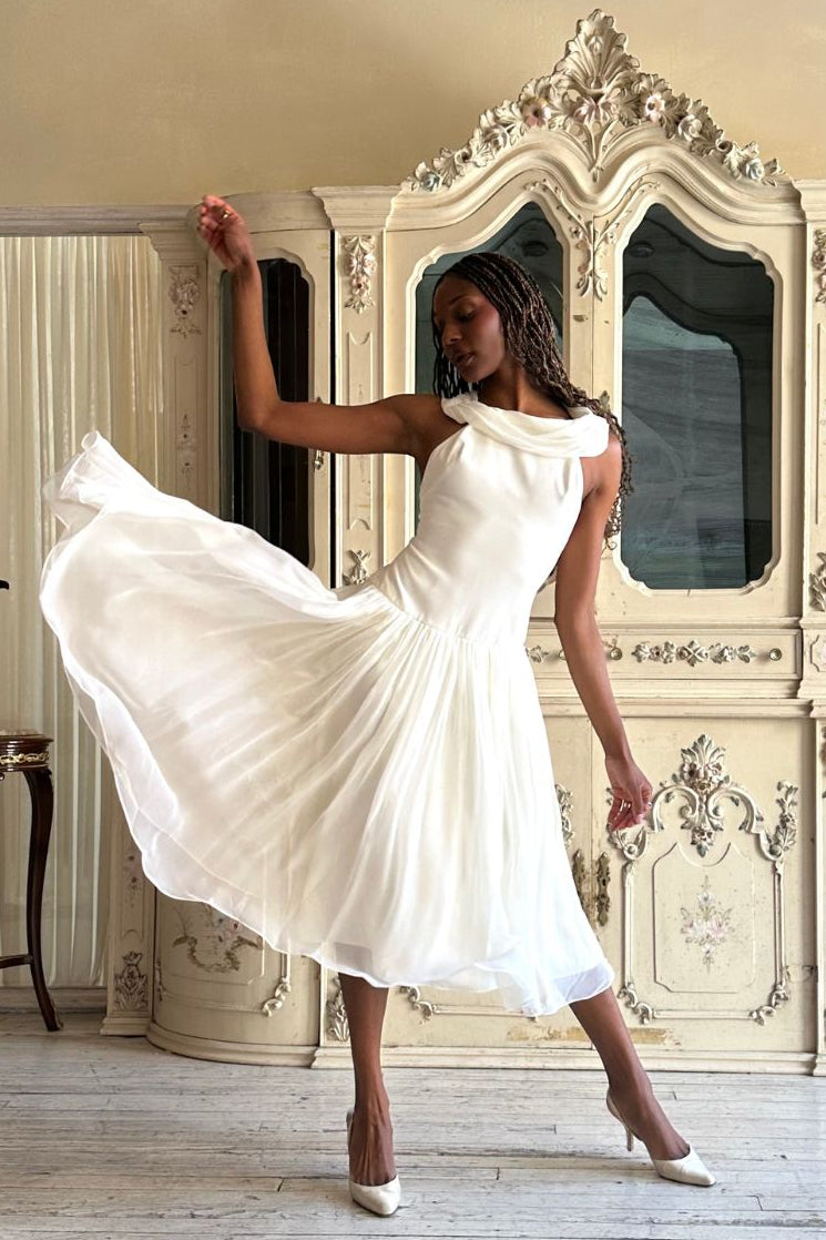 Double Cowl Lady Length Dress in Crme Mirror Palais Double Cowl Lady Length Dress in Crme Mirror Palais