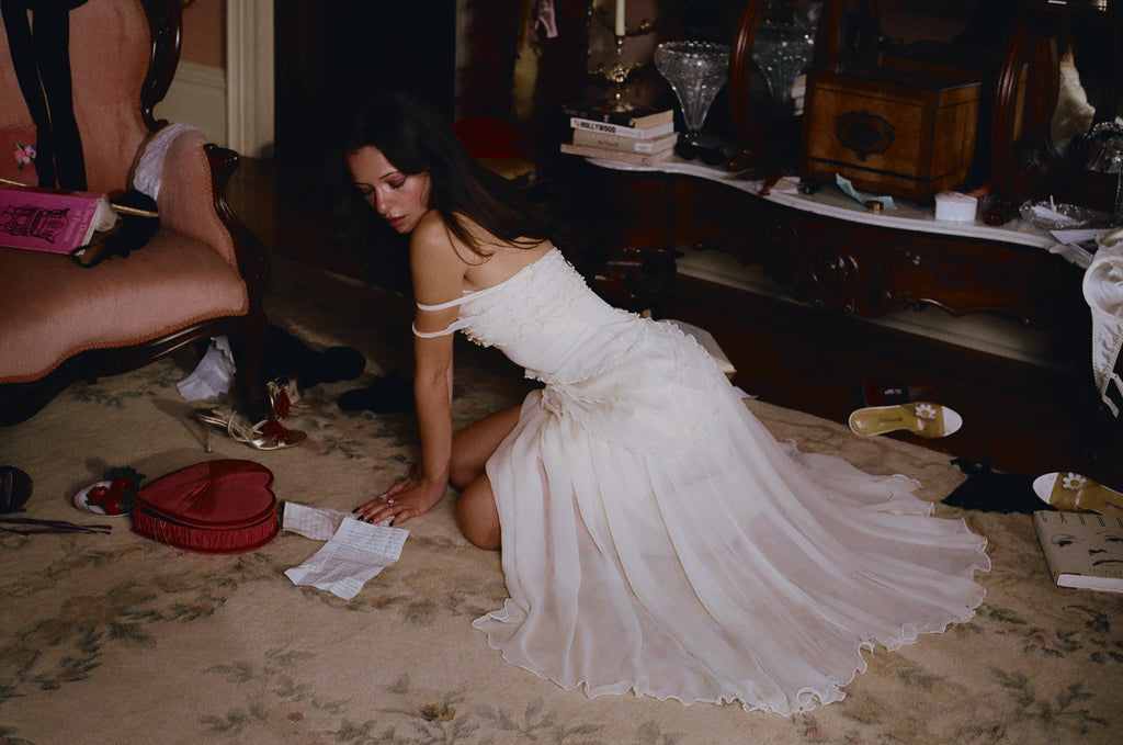 Mirror Palais Cascading Ruffle Lady Length Creme Dress Back