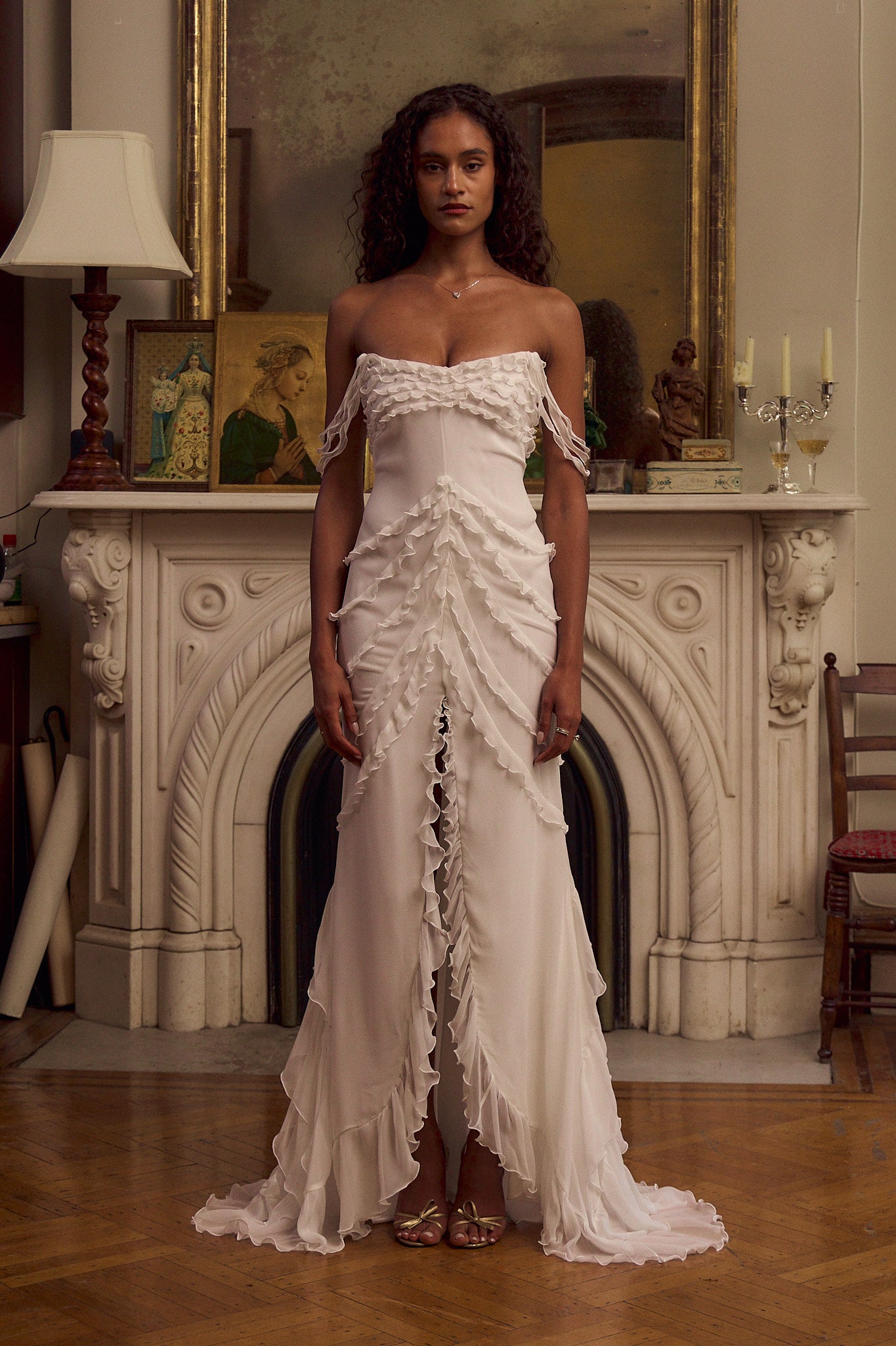 Cascading Gathered Dress 新品 Cascading Ruffle Gown Without Train in Ivory – Mirror Palais
