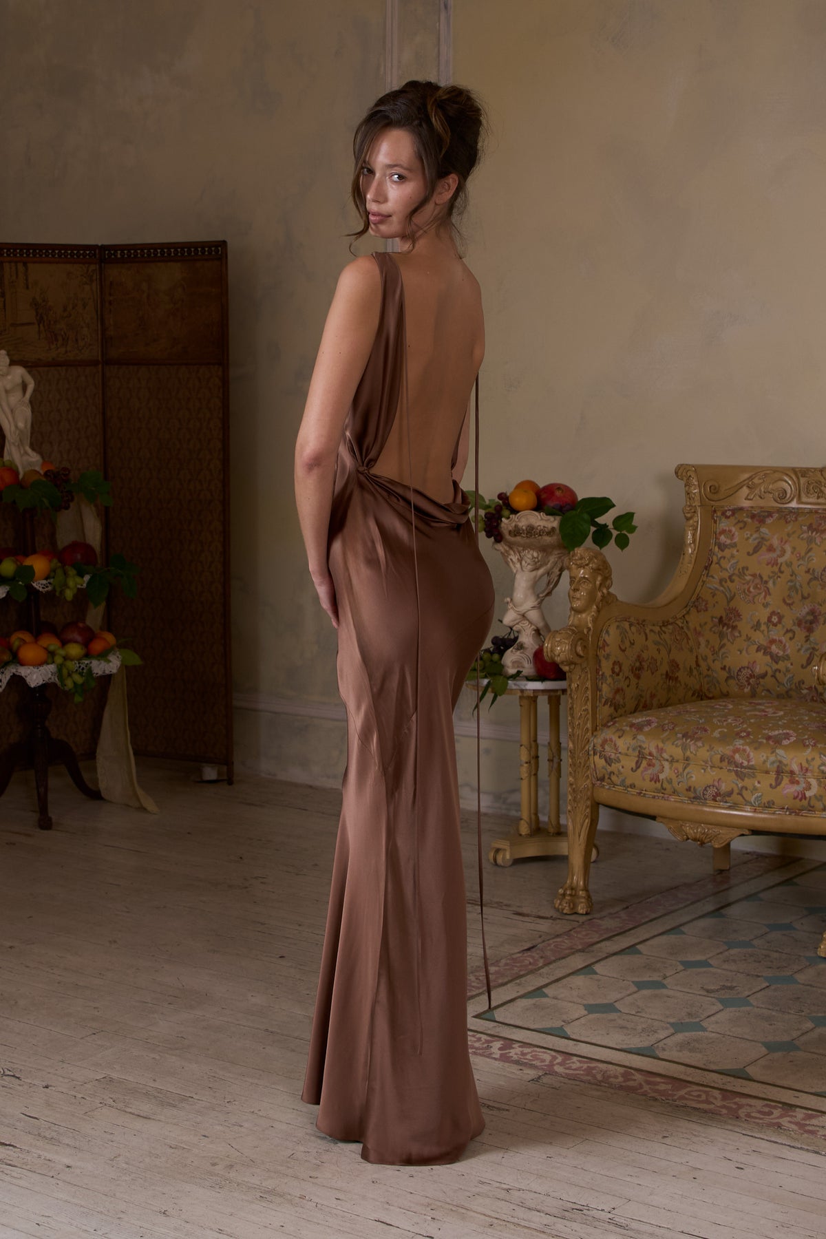 Plunging Back Cowl Dress in Toffee