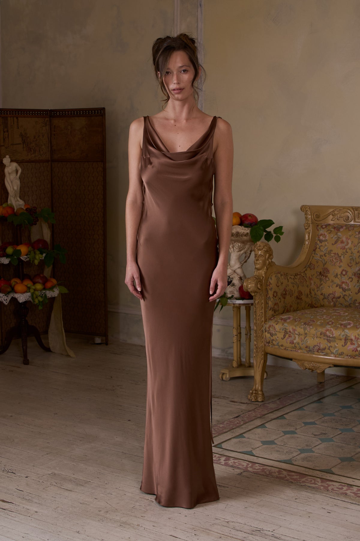 Plunging Back Cowl Dress in Toffee
