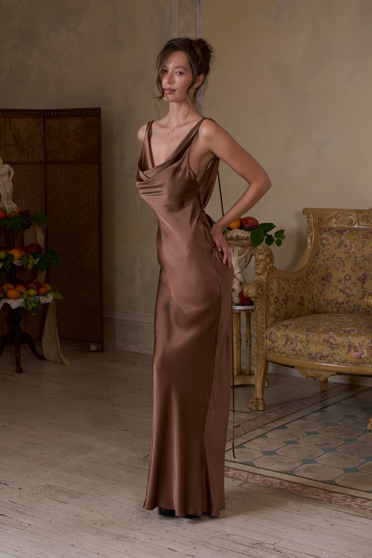 Plunging Back Cowl Dress in Toffee