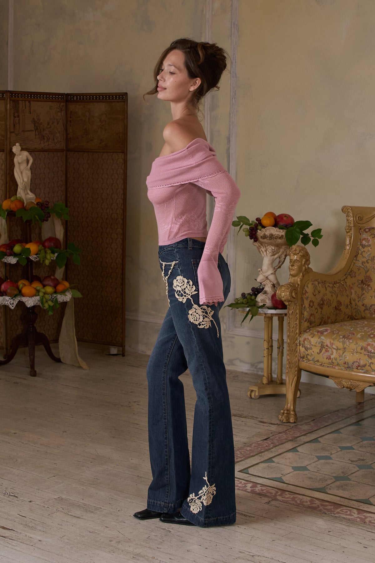 Pointelle Knit Off-Shoulder Top in Puce