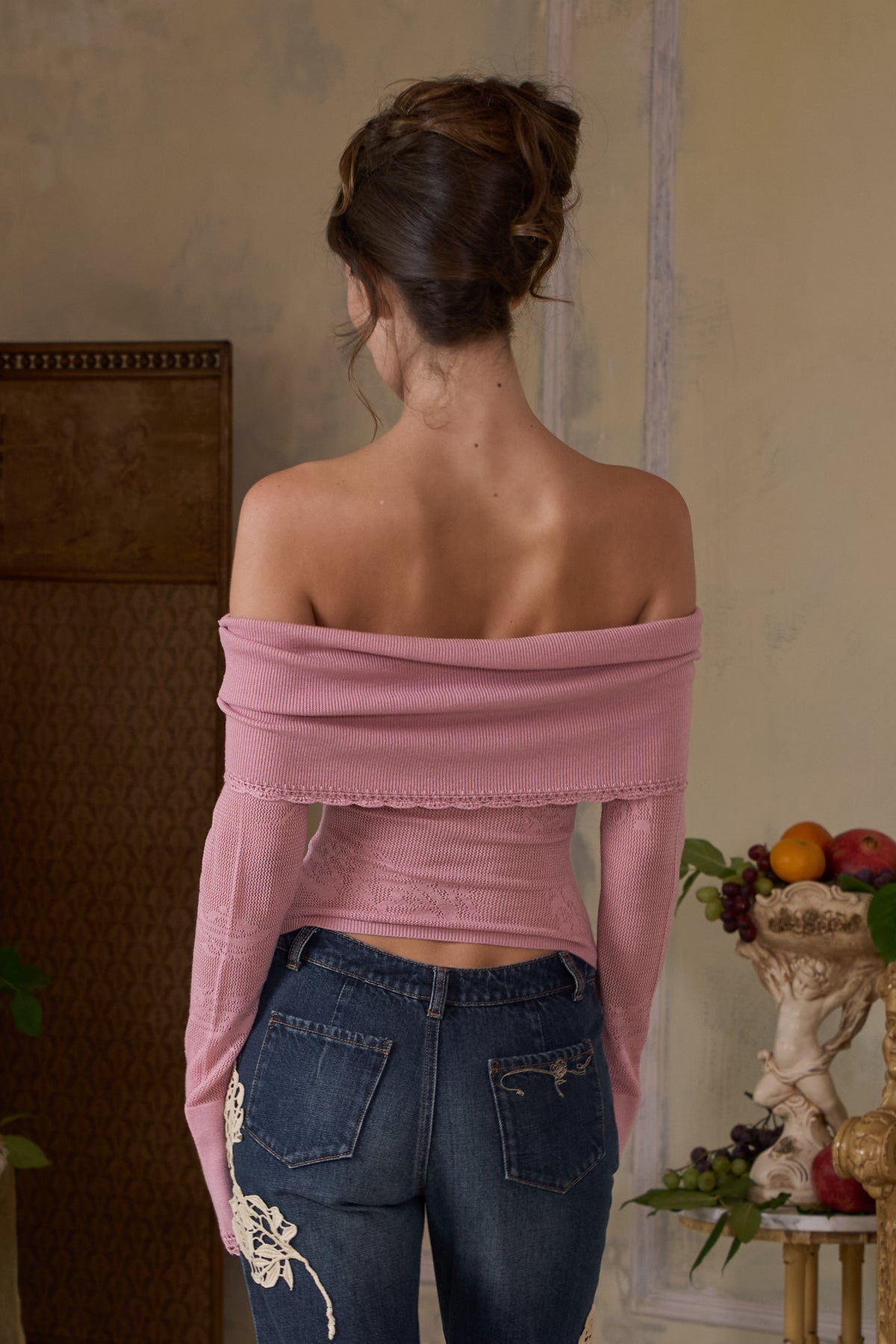 Pointelle Knit Off-Shoulder Top in Puce