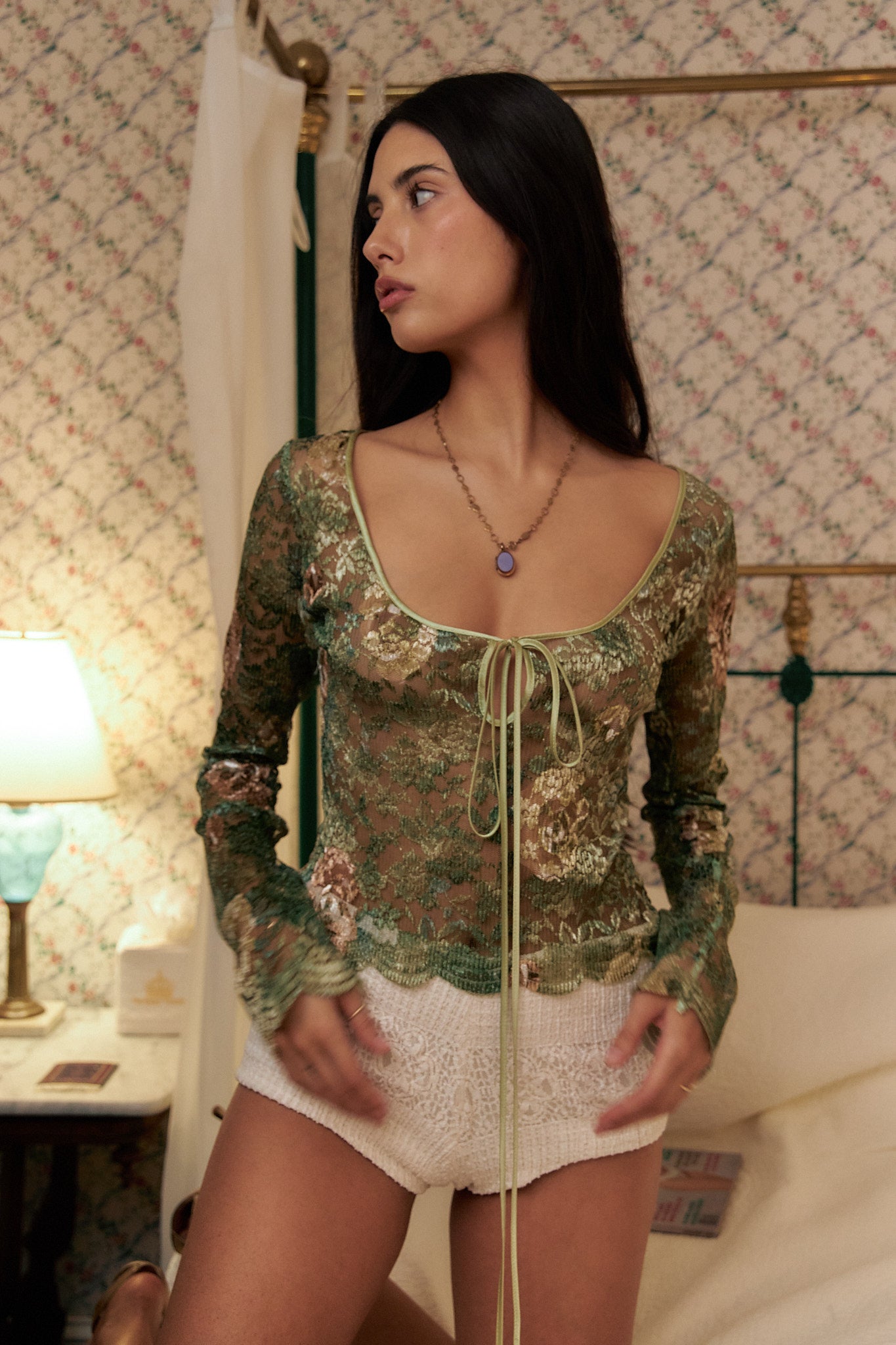 Long Sleeve Chemise Green Floral Lace