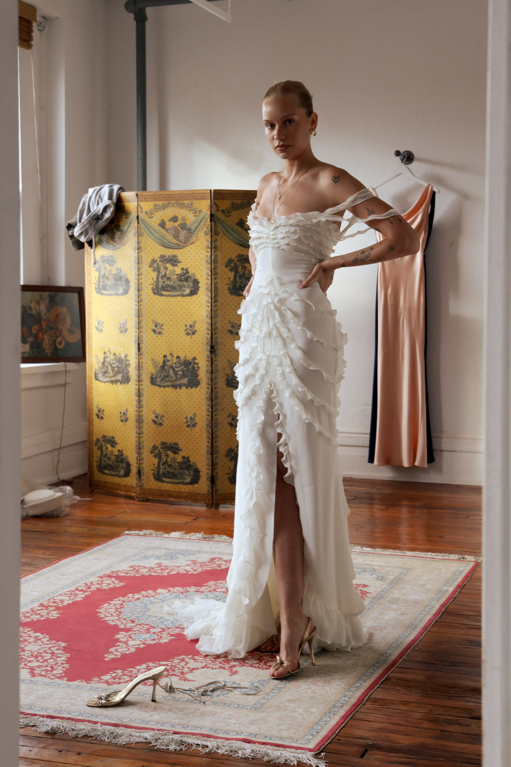 Cascading Ruffle Gown in Pearl