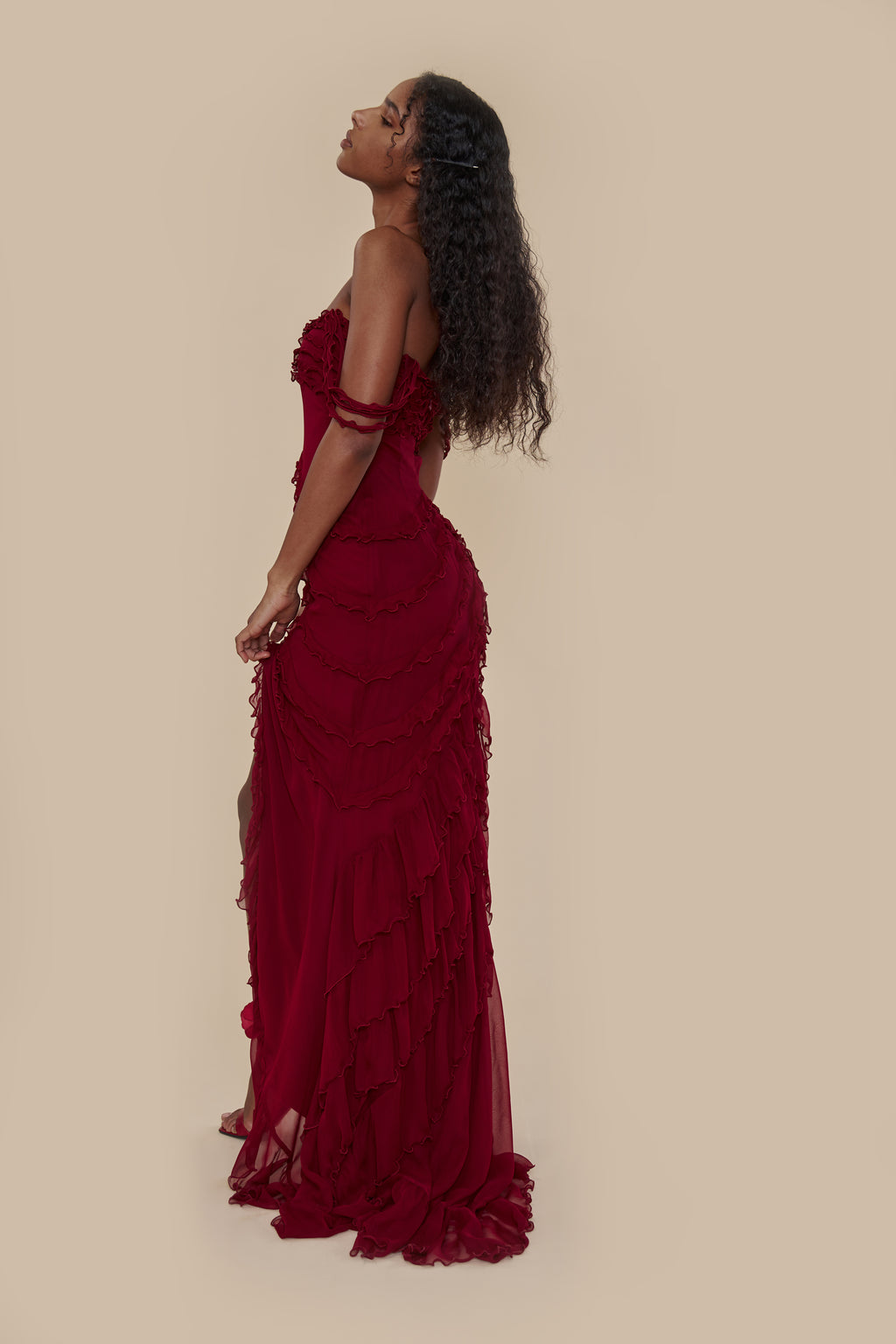 Cascading Ruffle Gown in Sangre