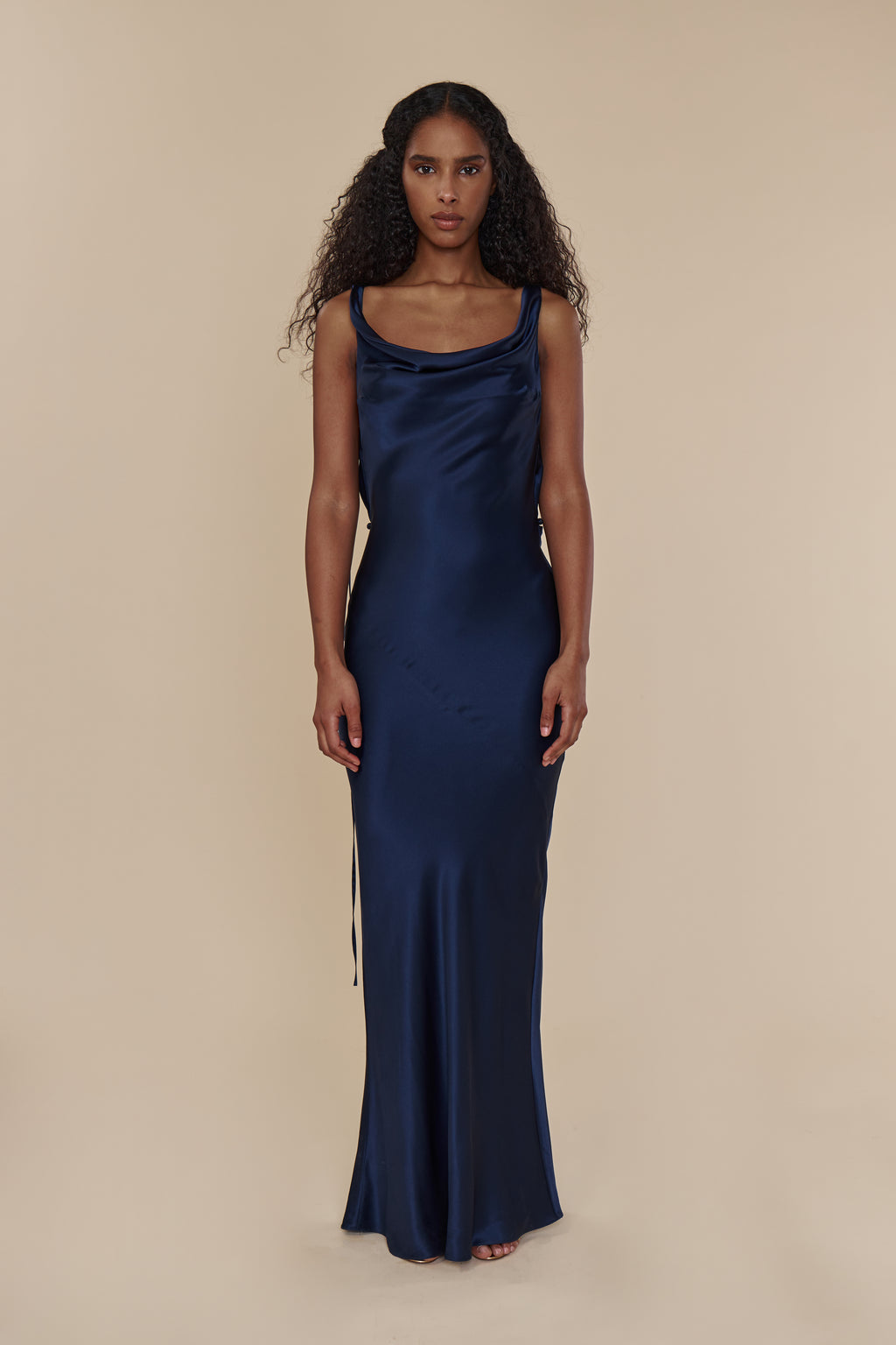 Plunging Back Cowl Dress in Navy Mirror Palais Plunging Back Cowl Dress in Navy Mirror Palais