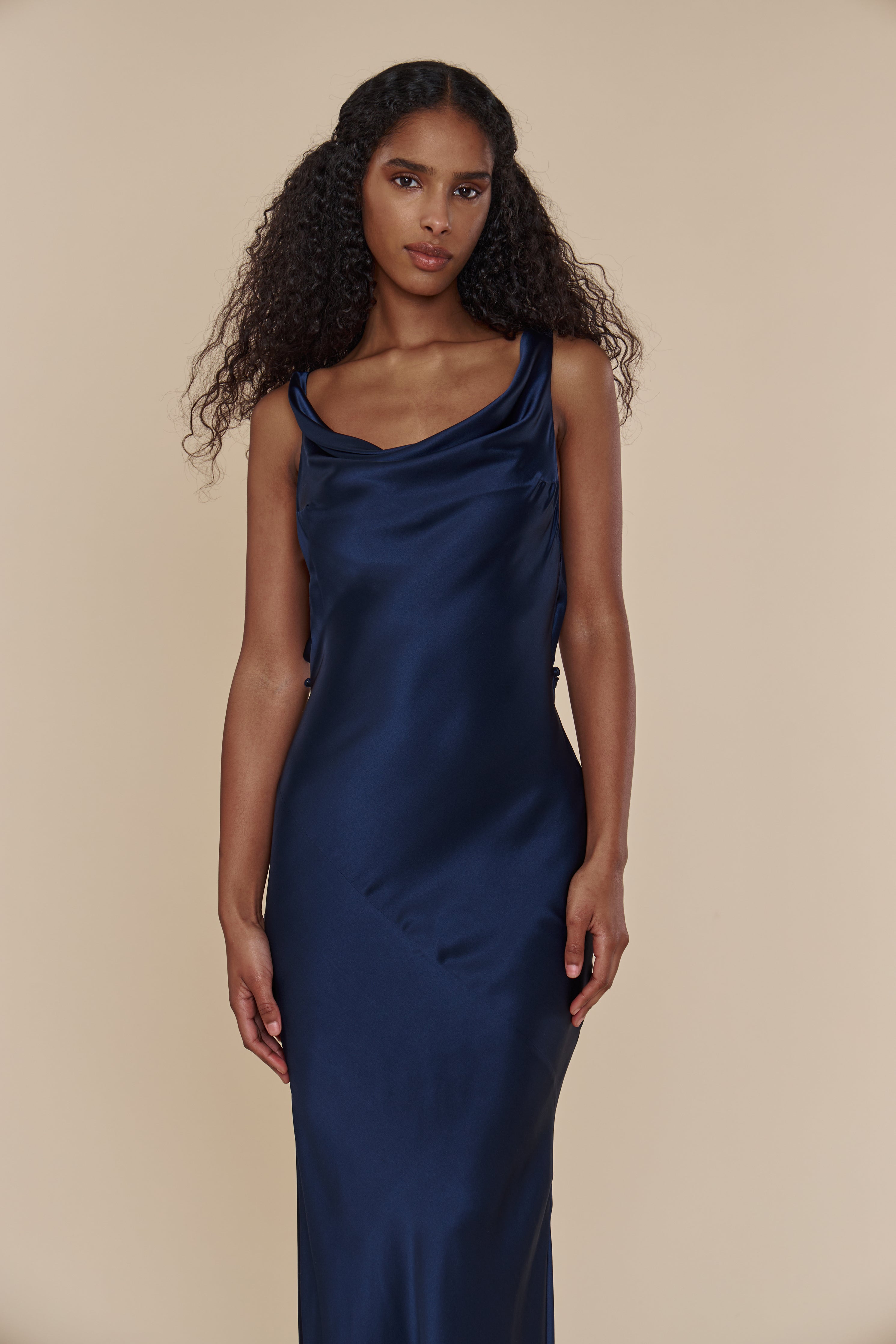 Plunging Back Cowl Dress in Navy XL (Made-To-Order) Plunging Back Cowl Dress in Navy XL (Made-To-Order)