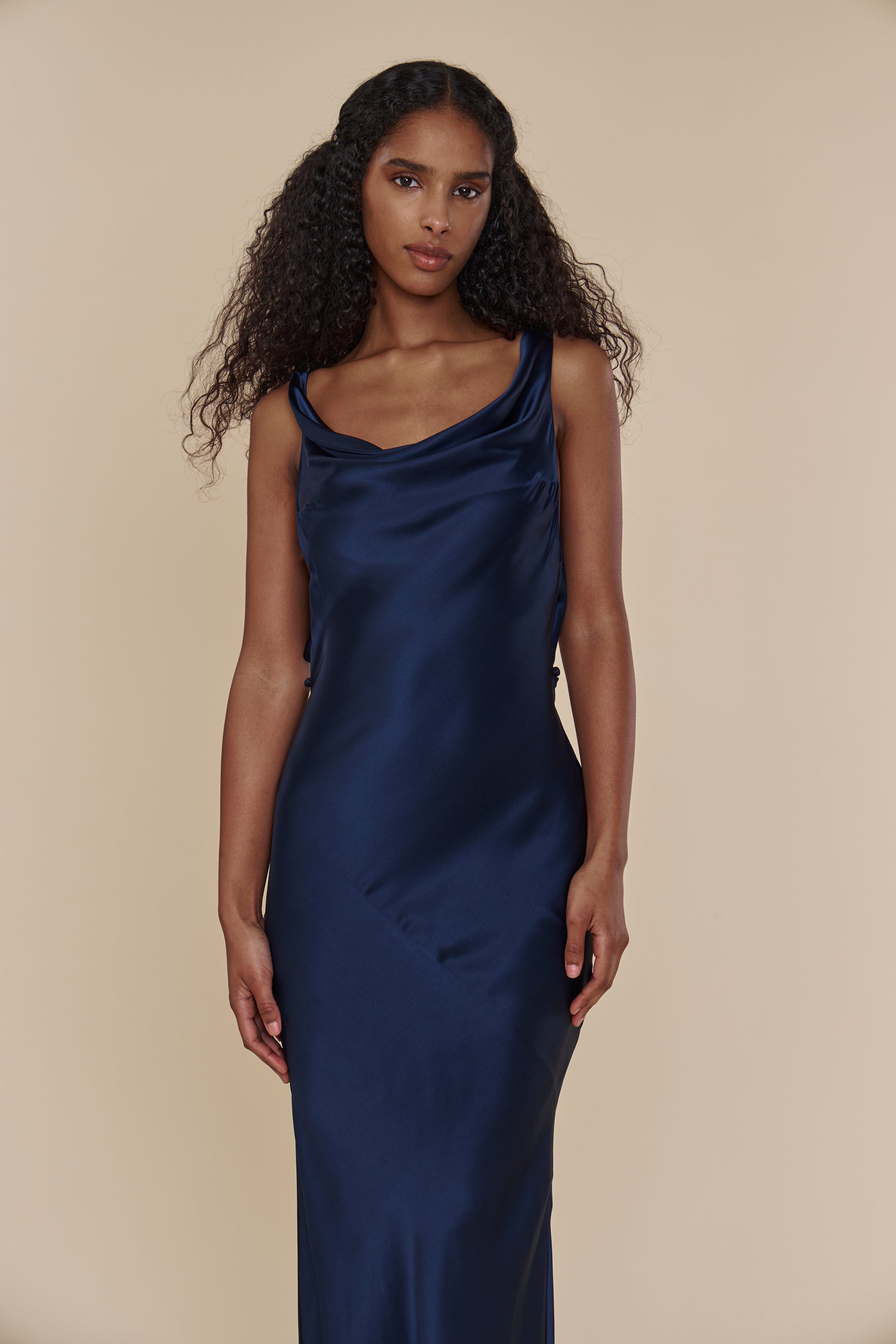 Plunging Back Cowl Dress in Navy
