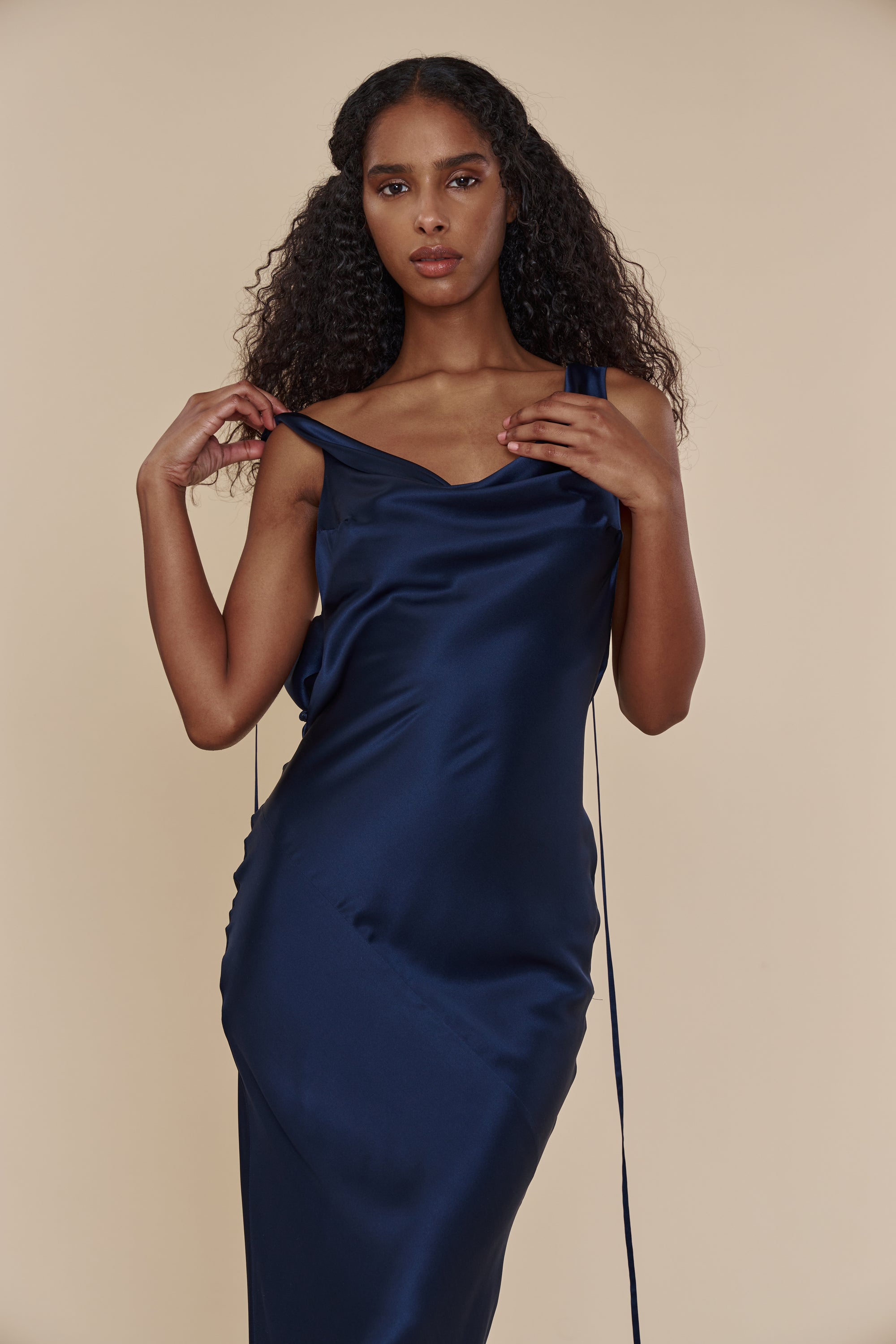 Plunging Back Cowl Dress in Navy