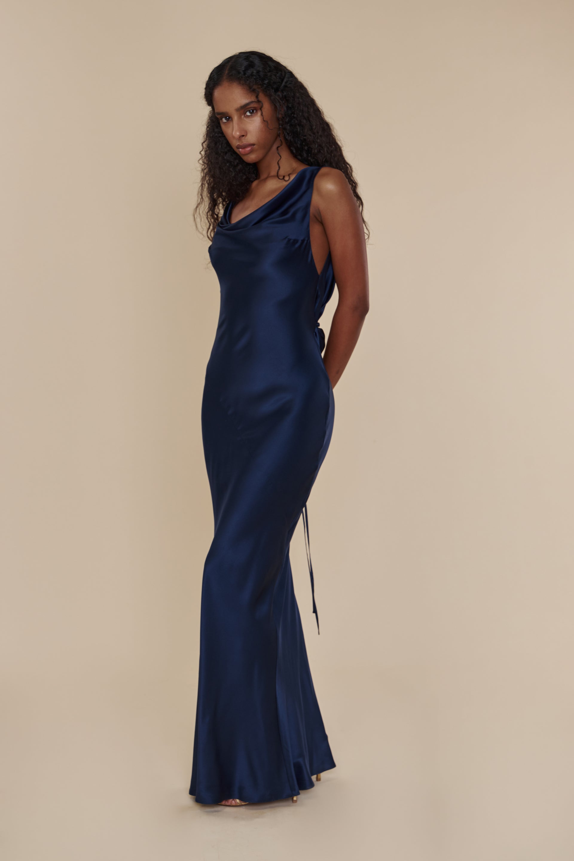Plunging Back Cowl Dress in Navy XL (MADE-TO-ORDER)