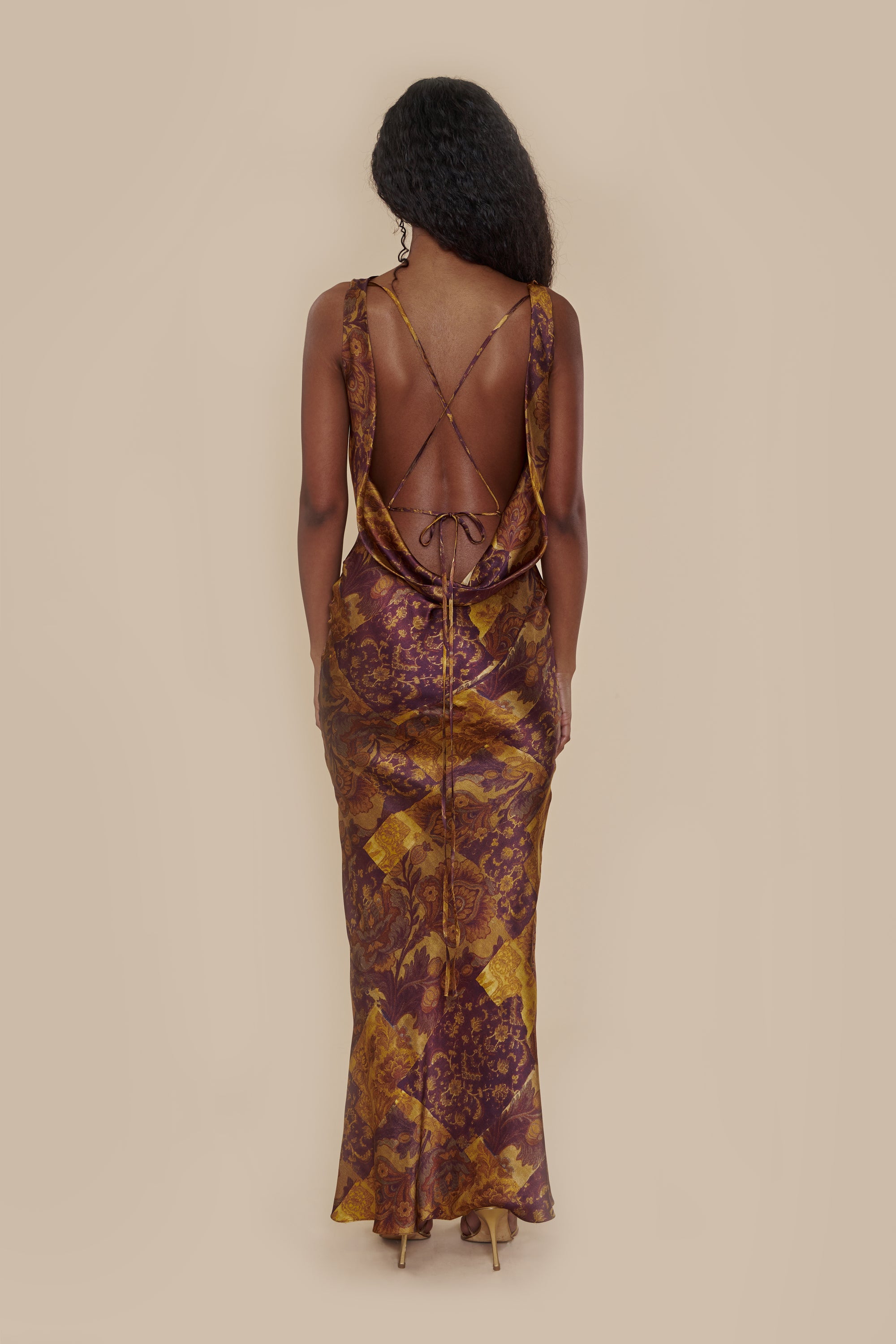 Plunging Back Cowl Dress Gold Mosaic