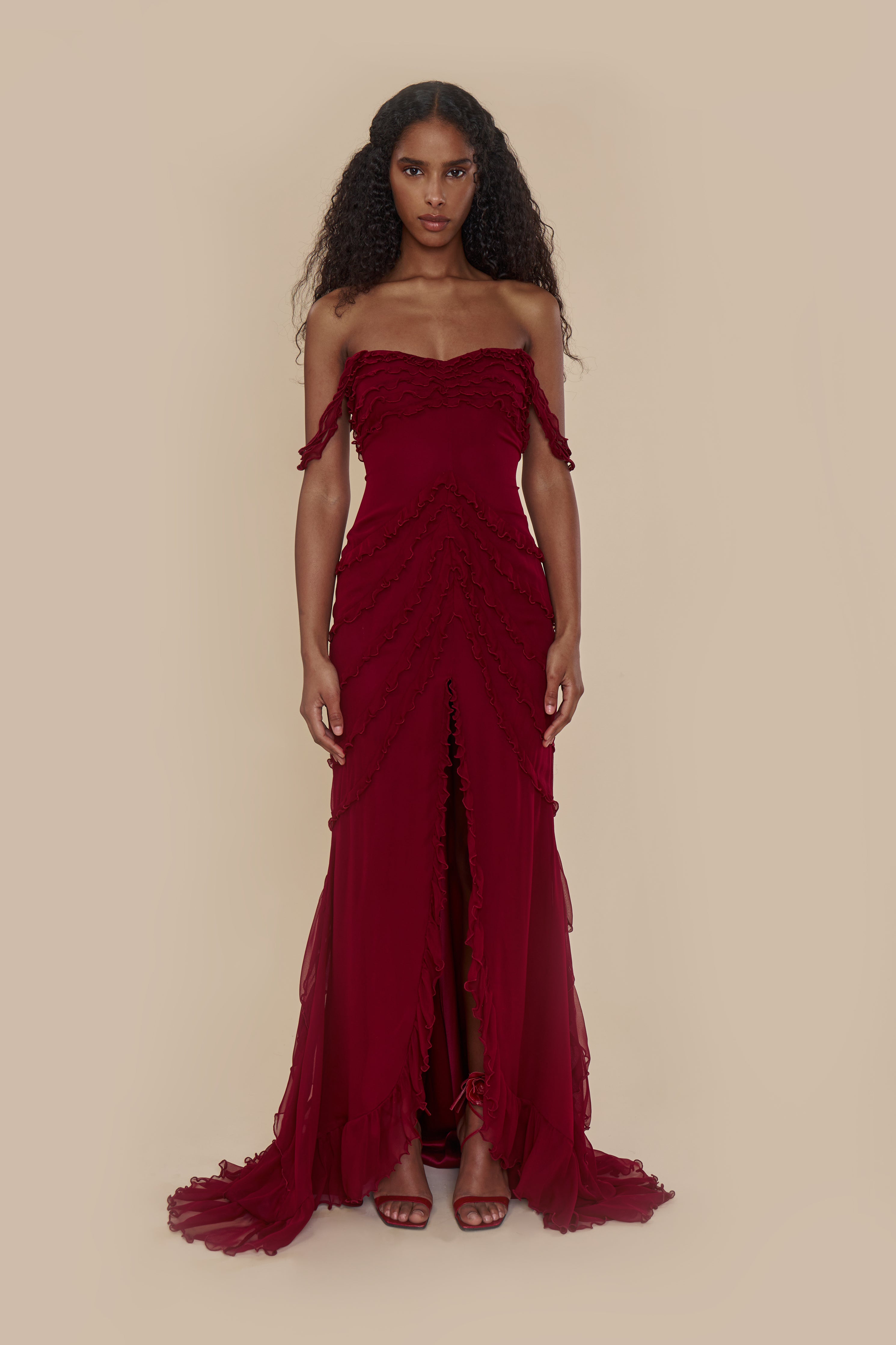 Cascading Ruffle Gown in Sangre